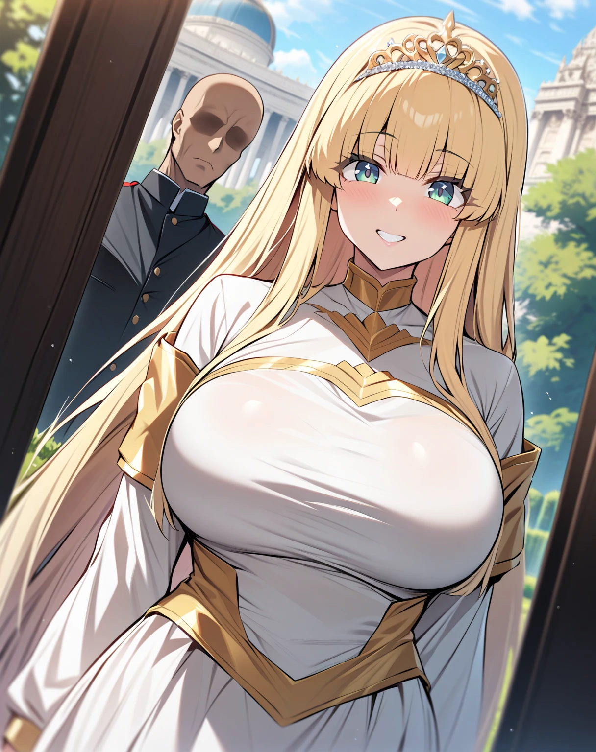 {{ upper body,  Dutch angle }} {{ artist: moisture_(Chichi)}}  female 1,  there are 2 security guards on each side holding her, 2 men in armor ,  Faceless Woman ,  mature woman,  elegant ,  princess,  big boobs,  straight hair, Blonde,  long hair, hime cut,  green eyes, white dress,  gold trim ,  tiara ,  Watching Viewers ,  grin ,  detained by 2 men ,  Faceless Man , Outdoors, garden, palace,