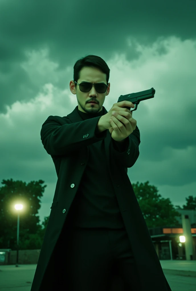 (((cinematic poster))) of a young man, about 25 years old, in dynamic pose, wearing a The Matrix costume, overcoast, dark glasses, holding 2 pistolas, in action scene, dynamic Angle, handsome man, in a storm, looking FRONTwards, bokeh top cinematic lighting, Green filter. Hyperrealistic, detailed, intricate, 4K, skin Textures, glowing.