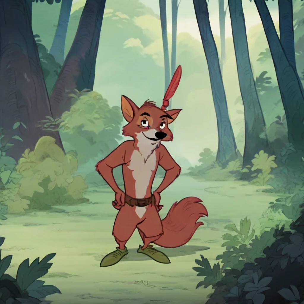 (robinhood:1) standing in forest, naked, nude, facing viewer, hands on hips, looking at viewer, screencap, on model