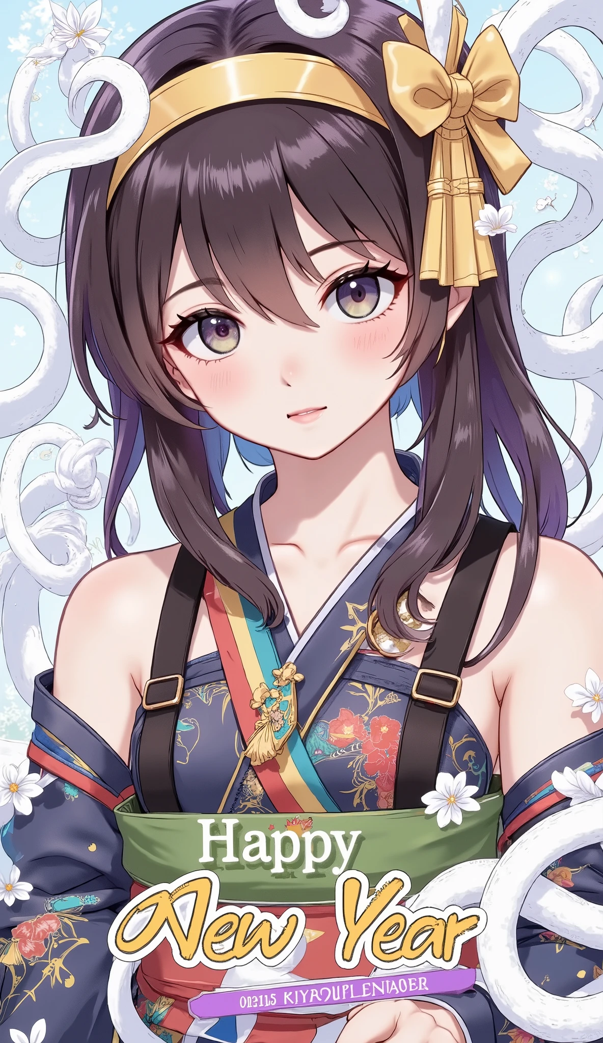 (Japanese anime style:1.4), 8k resolution, masterpiece, top quality, Award-winning works, new year post card, sole girl, (photo of a girl who is wearing Japanese traditional kimono printed on the card:1.4), (banner printed which says "Happy New Year" on the card:1.7), (image of white snake printed on the card:1.6)