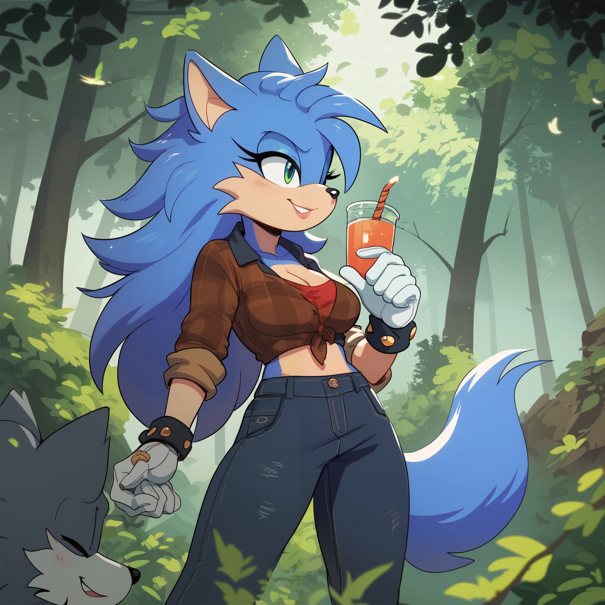 nfsw, female, Wolf, Mobian Wolf, Mobian, wolf tail, wolf ears, pointy ears, Female, long hair, medium sized breasts, Sonic OC, o.o, (solo), (1girl), Sonic the Hedgehog style, forest
