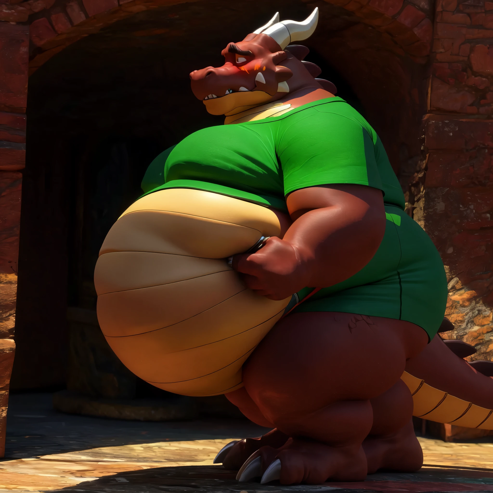 Male dragon, side view, extremely obese, very fat body, fat cheeks, huge belly, long mouth, enormous chin, very big round belly, very big , big pointy teeth, chubby face, 3D render, tight short sleeves t-shirt, t-shirt cut above his , too tiny t-shirt, briefs, putting his belly forward, hands on his pelvis, whole body visible, sad, ashamed, blushing, very detailed eyes, vivid colors, cartoon style, Solo