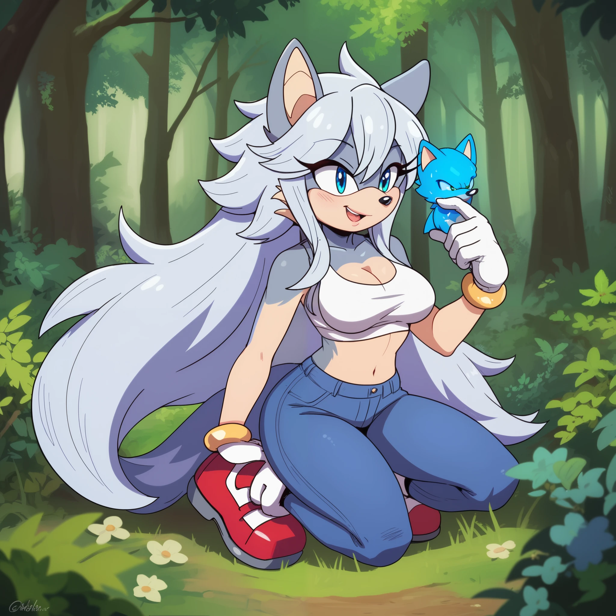 nfsw, female, Wolf, Mobian Wolf, Mobian, wolf tail, whitish grey fur, whitish grey hair, very long hair, blue eyes, wolf ears, Female, long hair, medium sized breasts, Sonic OC, o.o, (solo), (1girl), Sonic the Hedgehog style, forest
