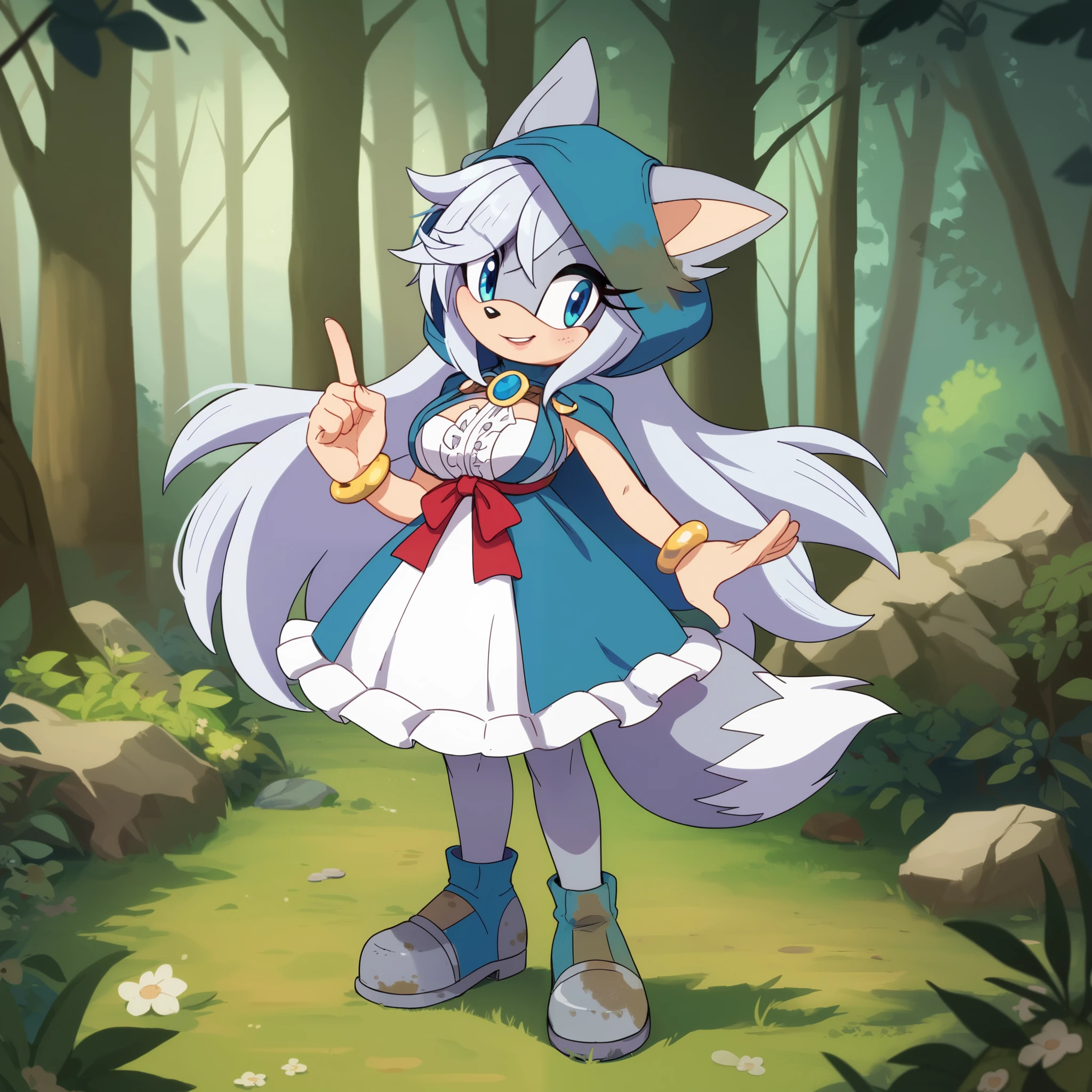 nfsw, female, Wolf, Mobian Wolf, Mobian, wolf tail, whitish grey fur, whitish grey hair, very long hair, blue eyes, wolf ears, Female, long hair, medium sized breasts, Sonic OC, o.o, (solo), (1girl), Sonic the Hedgehog style, forest, dirty hooded cape, dress, Fenrys as a Sonic Character
