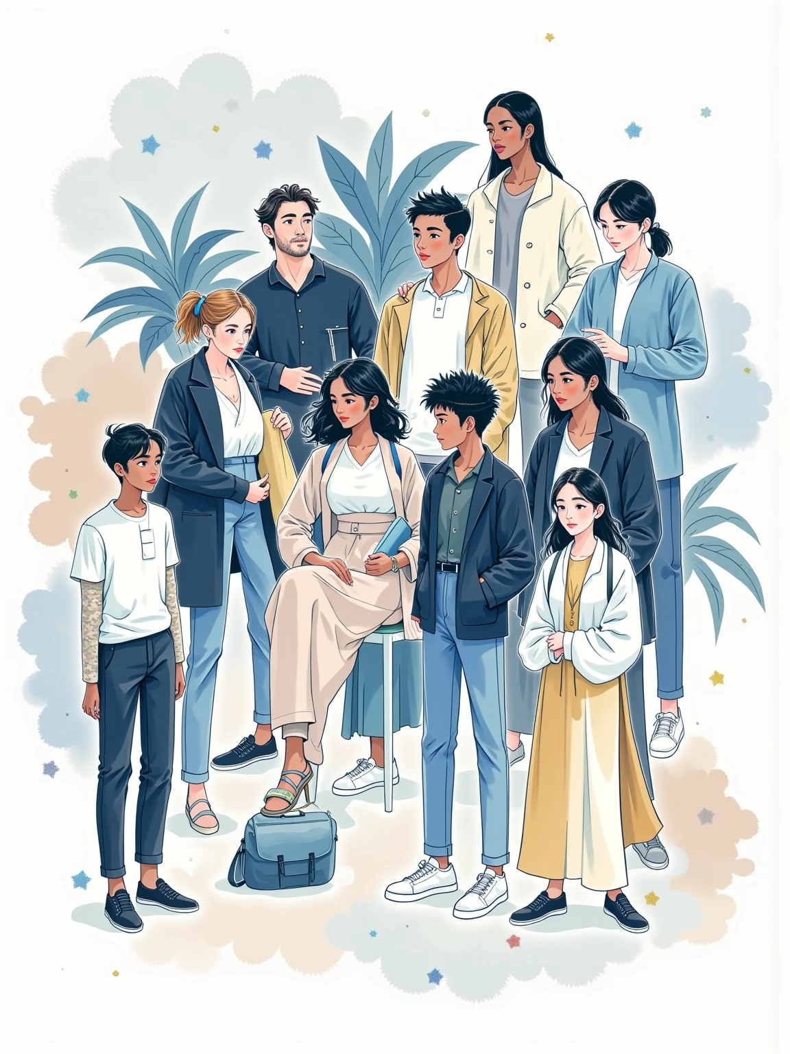  A modern coworking space flyer ， depicts a group of several men and women of all skin tones， using simple abstract lines ，Picasso style， white background， lines 、illustration， in soft gray and soft blue ，Extremely inspiring ，16k resolution