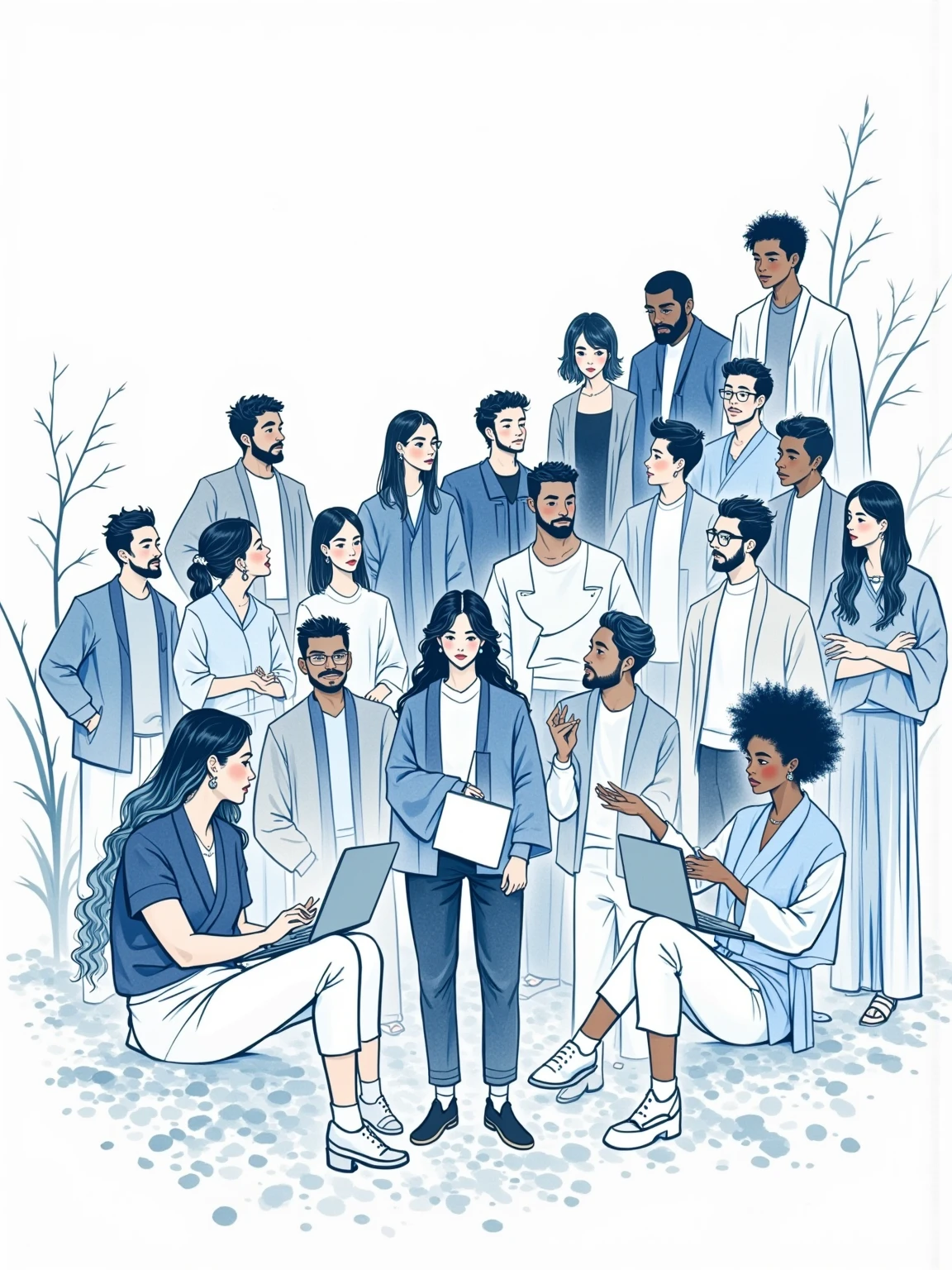  A modern coworking space flyer ， depicts a group of several men and women of all skin tones， using simple abstract lines ，Picasso style， white background， lines 、illustration， in soft gray and soft blue ，Extremely inspiring ，16k resolution