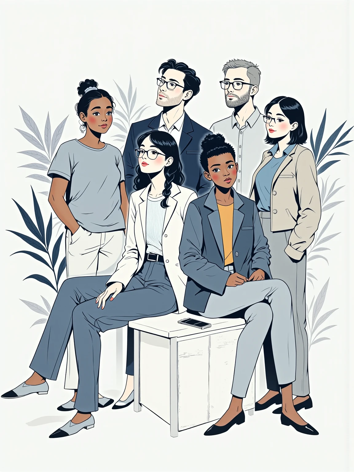  A modern coworking space flyer ， depicts a group of several men and women of all skin tones， using simple abstract lines ，Picasso style， white background， lines 、illustration， in soft gray and soft blue ，Extremely inspiring ，16k resolution