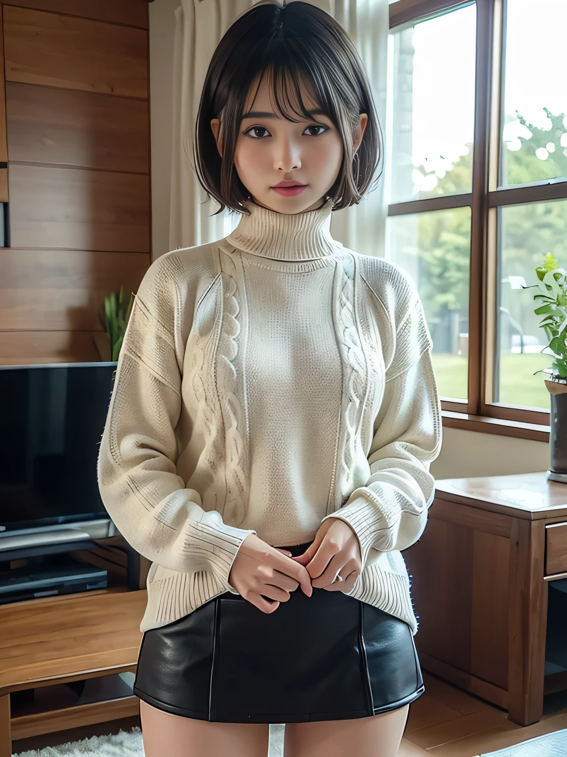 (realistic:1.3), finely detailed, quality, rembrandt lighting, (masterpiece:1.2), (photorealistic:1.2), (best quality), (detailed skin:1.3), (intricate details), dramatic, ray tracing, 1girl, japanese girl, 21 years old, detailed skin texture, (blush:0.5), (goosebumps:0.5), subsurface scattering, smiling, medium breasts, short hair curls, bangs, hair between eyes, edgPO, turtleneck, (lace sweater:1.2), skirt, wearing edgPO pullover, (outdoors, autumn setting, autumn leaves), <lora:edgPullovers:1>