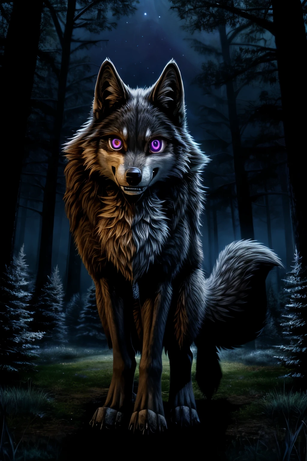 She wolf ,crazy werewolf, smile,spyral eyes,forest night background, stronger girl,full body, 