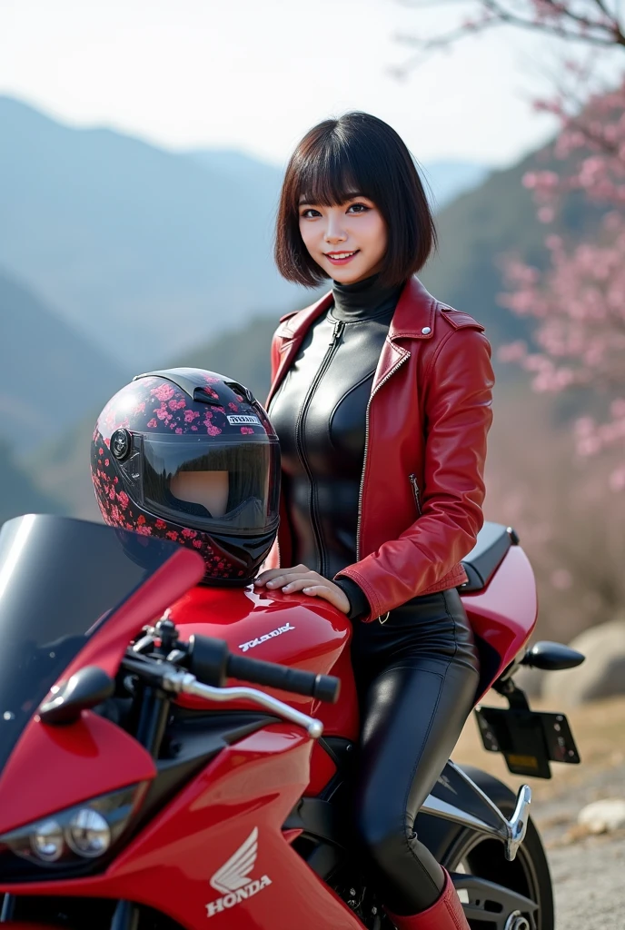 ((best quality)), ((masterpiece)), perfect face、(Detailed Motorcycle)、A cool biker girl takes a break by the lake、(Red leather suit)、smile、((blue eyes))、Blonde shorthair
