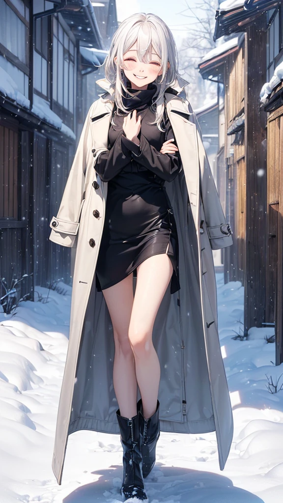 Best quality at best, 4K, 8K, Detailed faces,Full body photo，placed in a，Clear face, Pure girl,Pure desire， Korean makeup, Redlip, Smilingly, perfect body figure,shoulder-length short hair,small,legs long,Slim,thin, Girl wearing long and wide fur coat, There  a top tube and a hood underneath the jacket, lower abdom, snow landscape,the street，blackstockings，high-heels