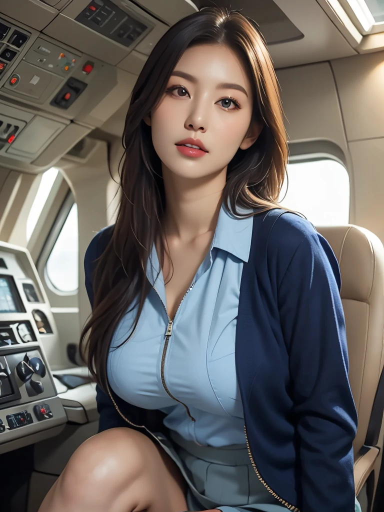 arafed asian woman in a blue and white uniform standing in front of a plane, cute pilot girl, korean girl, jaeyeon nam, beautiful south korean woman, cute girl wearing tank suit, pilot girl, taejune kim, korean woman, heonhwa choe, gorgeous young korean woman, girl with warship parts, wearing dirty ripped flight suit, beautiful south korean woman, korean girl, beautiful young korean woman, korean woman, heonhwa choe, korean women's fashion model, sexy look, big breast, sexy pose, show breast, light orange hair