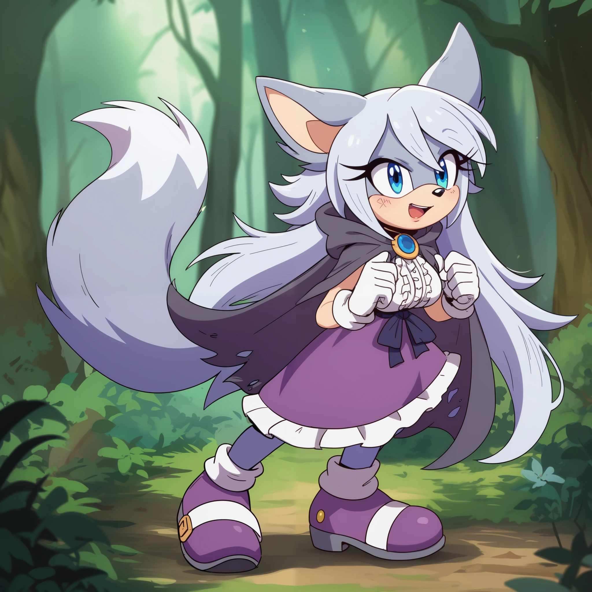 nfsw, female, Wolf, Mobian Wolf, Mobian, wolf tail, whitish grey fur, whitish grey hair, very long hair, blue eyes, wolf ears, Female, long hair, medium sized breasts, Sonic OC, o.o, (solo), (1girl), Sonic the Hedgehog style, forest, dirty hooded cape, dress, Fenrys as a Sonic Character
