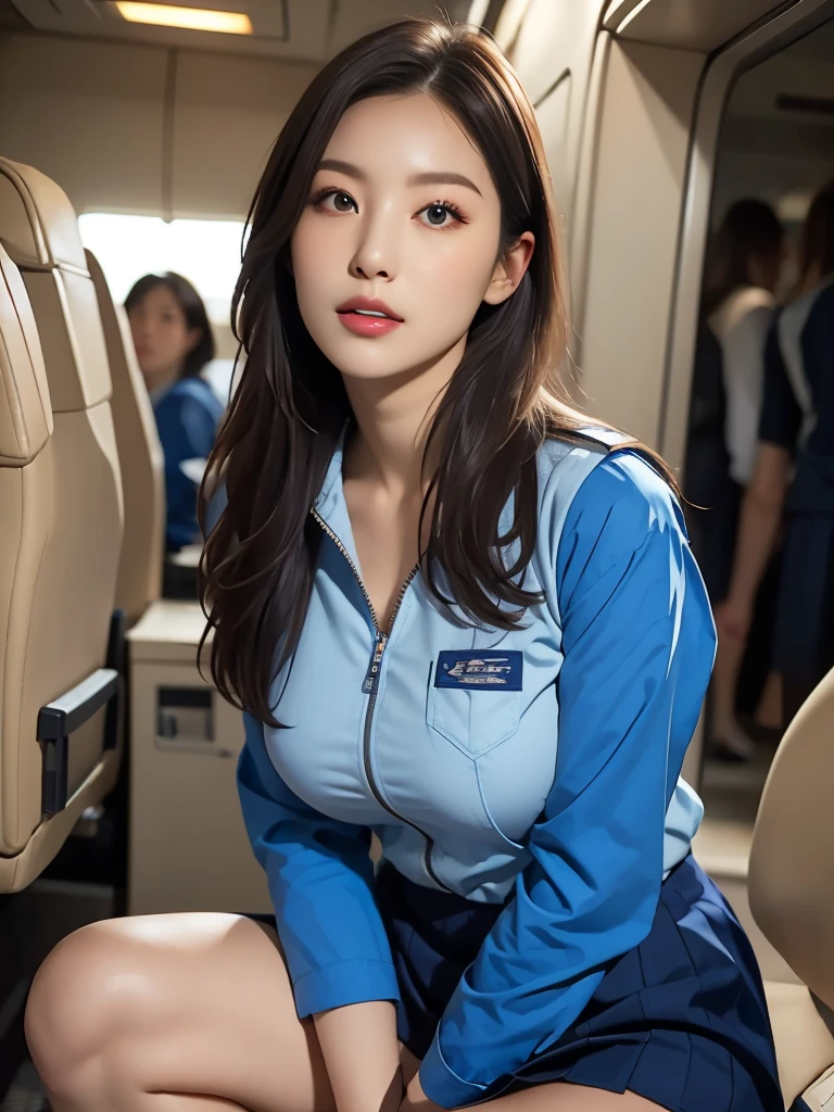 (8K, best quality, masterpiece:1.2), (realistic, photo-realistic:1.37), (high color saturation:1.0), (highly detailed skin), (highest quality:1.0), (ultra high resolution:1.0) ,(realistic:1.0), (Super detailed:1.0), (8K, Raw photo:1.1)、standing random pose, smiling, natural breast, perfect lighting, 22years old, (mysterious), clear and detailed, ((ANA_Cabin Crew, blue flight attendant_uniform)), black pantyhose, (aircraft, aircraft seats), cute face, sitting, (I can see the white_panties from skirt), nsfw,