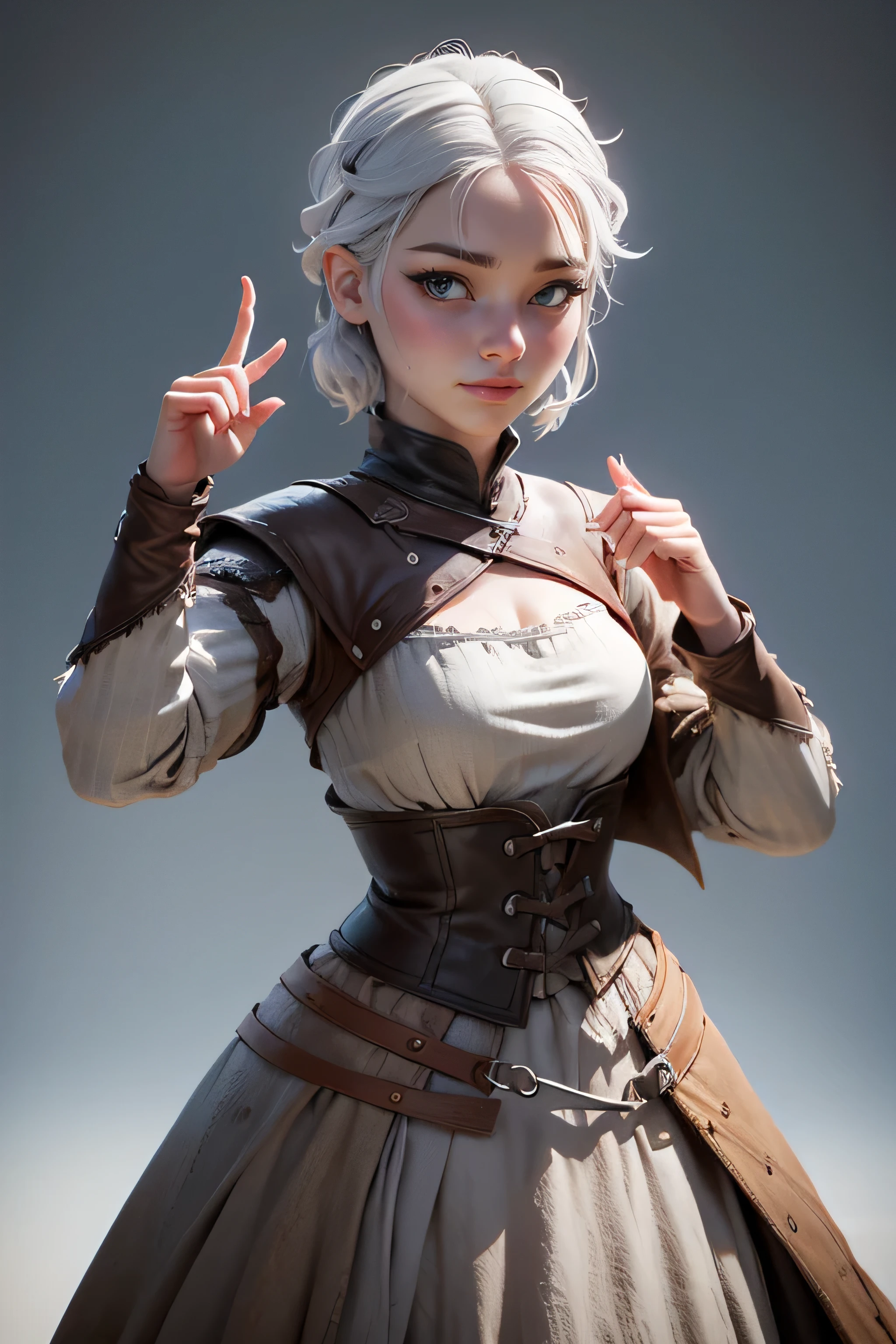Young woman, campesina medieval "Game of Thrones ", gray and brown shreds, blue eyes , short white hair, dynamic position, raised hands sign, safe expression, Iluminación natural, plain white background , without patterns, No textures.