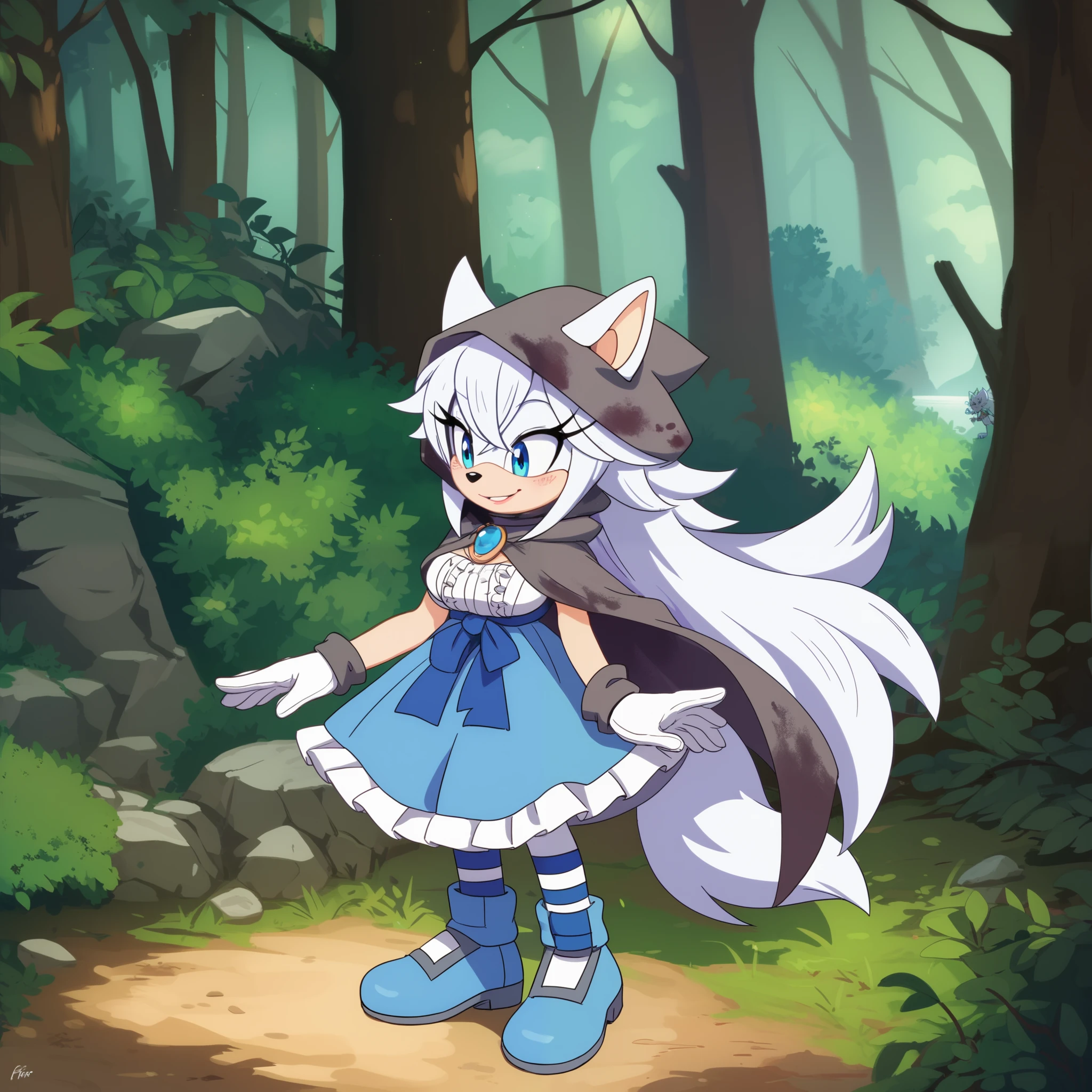 nfsw, female, Wolf, Mobian Wolf, Mobian, wolf tail, white fur, white hair, very long hair, blue eyes, wolf ears, Female, long hair, medium sized breasts, Sonic OC, :3, (solo), (1girl), Sonic the Hedgehog style, forest, dirty hooded cape, dress, Fenrys as a Sonic Character