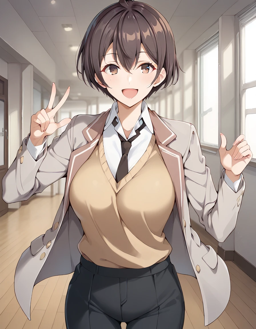 score_9, score_8_up, score_7_up, girl, solo, looking at viewer, masachika kuze, short hair, brown hair, hair between eyes, brown eyes, large breasts, school uniform, grey jacket, long sleeves, open jacket, buttons, white shirt, collared shirt, black necktie, yellow sweater vest, black pants, standing, smile, open mouth