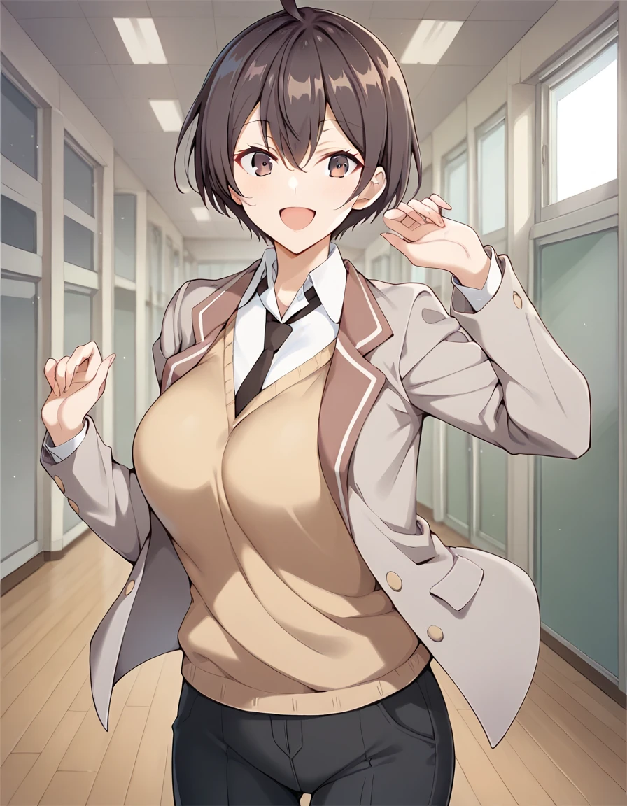 score_9, score_8_up, score_7_up, girl, solo, looking at viewer, masachika kuze, short hair, brown hair, hair between eyes, brown eyes, large breasts, school uniform, grey jacket, long sleeves, open jacket, buttons, white shirt, collared shirt, black necktie, yellow sweater vest, black pants, standing, smile, open mouth