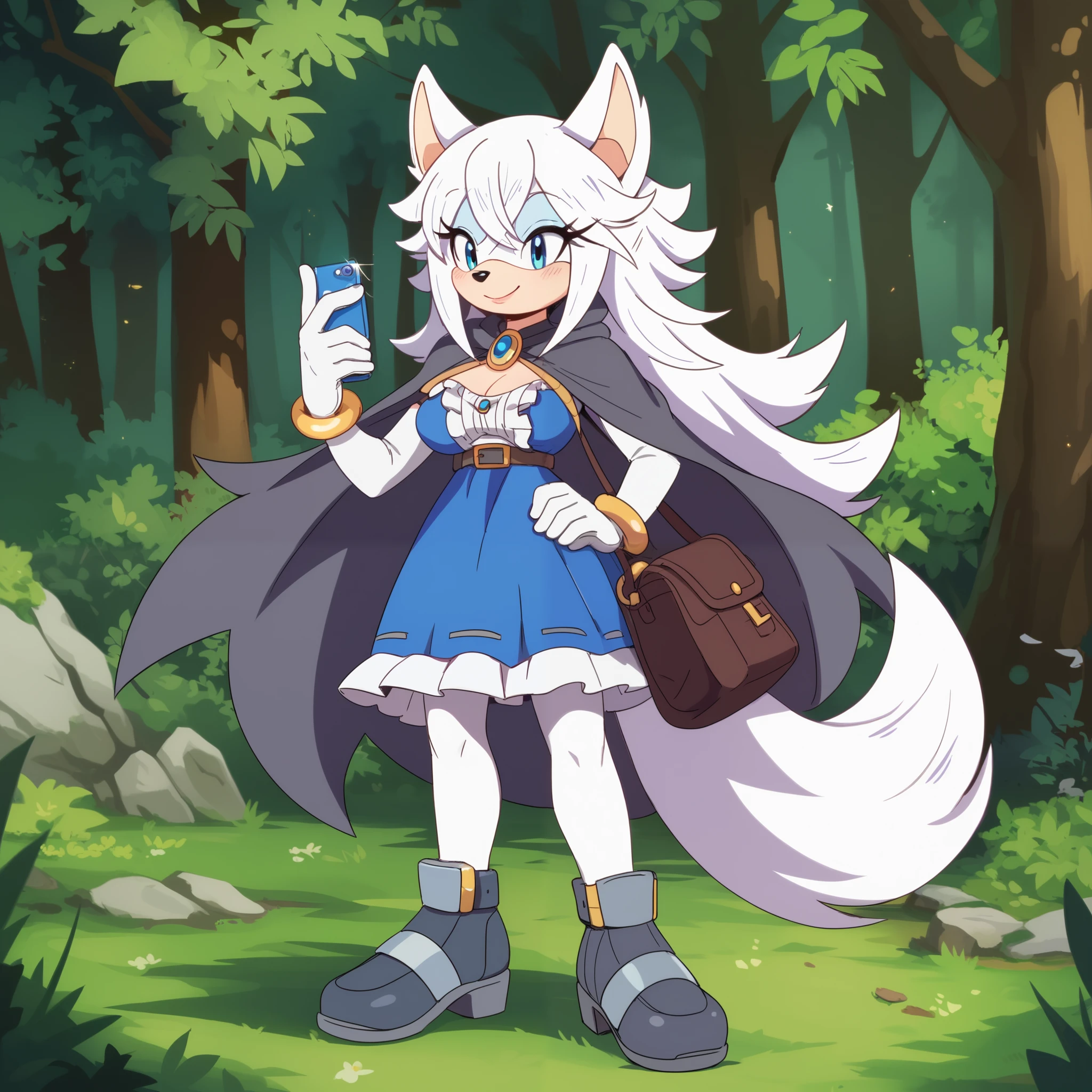 nfsw, female, Wolf, Mobian Wolf, Mobian, wolf tail, white fur, white hair, very long hair, blue eyes, wolf ears, Female, long hair, medium sized breasts, Sonic OC, :3, (solo), (1girl), Sonic the Hedgehog style, forest, dirty hooded cape, dress, Fenrys as a Sonic Character