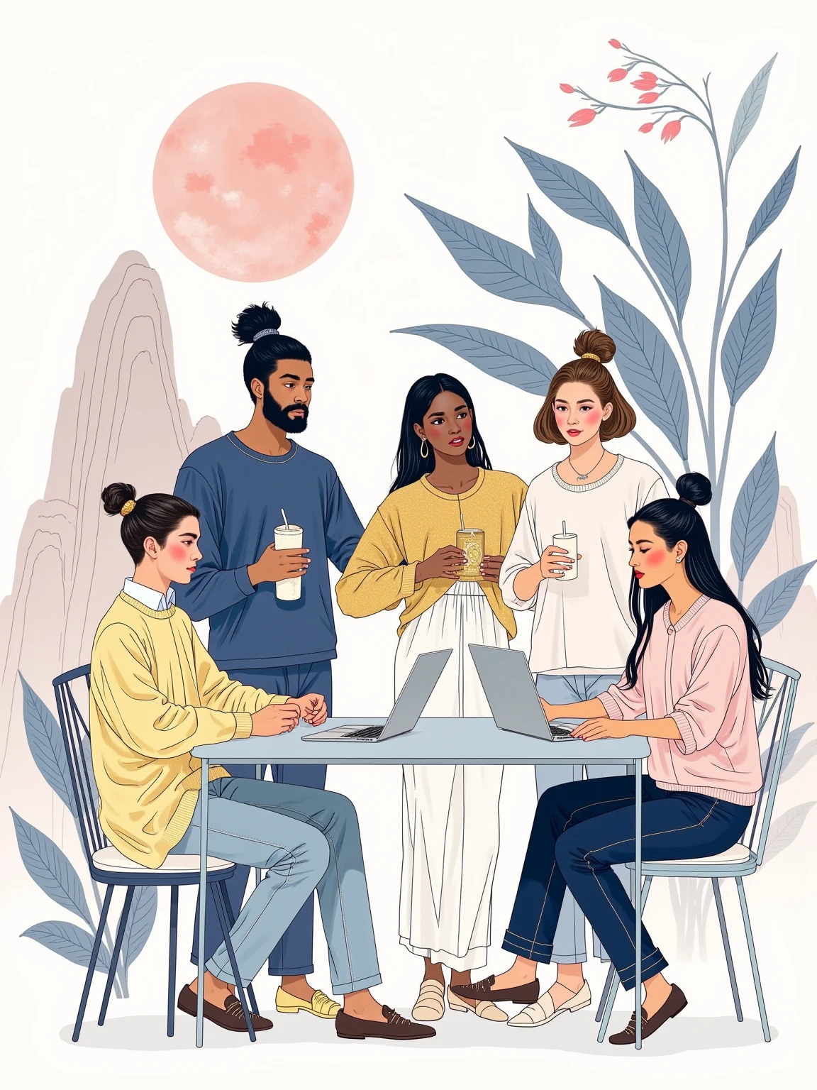  A modern coworking space flyer ， depicts a group of several men and women of all skin tones， using simple abstract lines ，Picasso style， white background， lines 、illustration， in soft gray and soft blue ，Extremely inspiring ，16k resolution