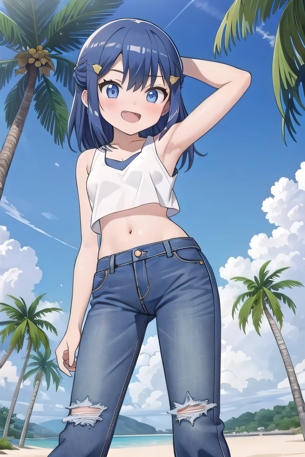 masterpiece,best quality,ultra detail, Perfect Face, Perfect Arms, Perfect hands, Perfect Fingers, 1girl, 14yo, petite, ((round face, ecstasy, orgasm face, drooping eyes, shame smiling, blush)), dropping eyes, sleepy, background((under the beach, (day:1.2), palm tree, bright sky)), Dawn(pokemon), long hair, blue eyes, dark blue hair, hairpin, arms behind head, contrapposto, spread armpits, looking at viewer,, (white tank top:1.2), (white crop top:1.2), (jeans pants:1.2, flares jeans:1.2, skinny jeans:1.2, blue jeans:1.2), standing, (legs spread:1.2), sex pose, Sweaty crotch, Steam from the crotch, from below, full medium body