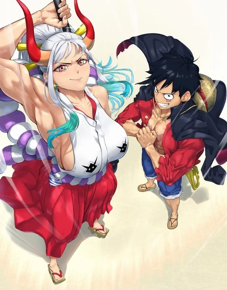 1girl, yamato (one piece), horns, 1boy, smile, red horns, hat, japanese clothes, bandaid, kimono, bandaid on face, long hair, closed eyes, multicolored hair, curled horns, multicolored horns, oni, bandaid on nose, hair ornament, topless male, green hair, black hair, grin, white hair, hair stick, monkey d. luffy, shimenawa, tattoo, ^ ^, pectorals, rope, holding bottle, arm tattoo, bottle, holding, open mouth, very long hair, short hair, cowboy hat, night, cheek pinching, sleeveless kimono, abs, outdoors, pinching, bandaid on cheek, two tone hair, long sleeves, ((medium quality)), ((medium quality))