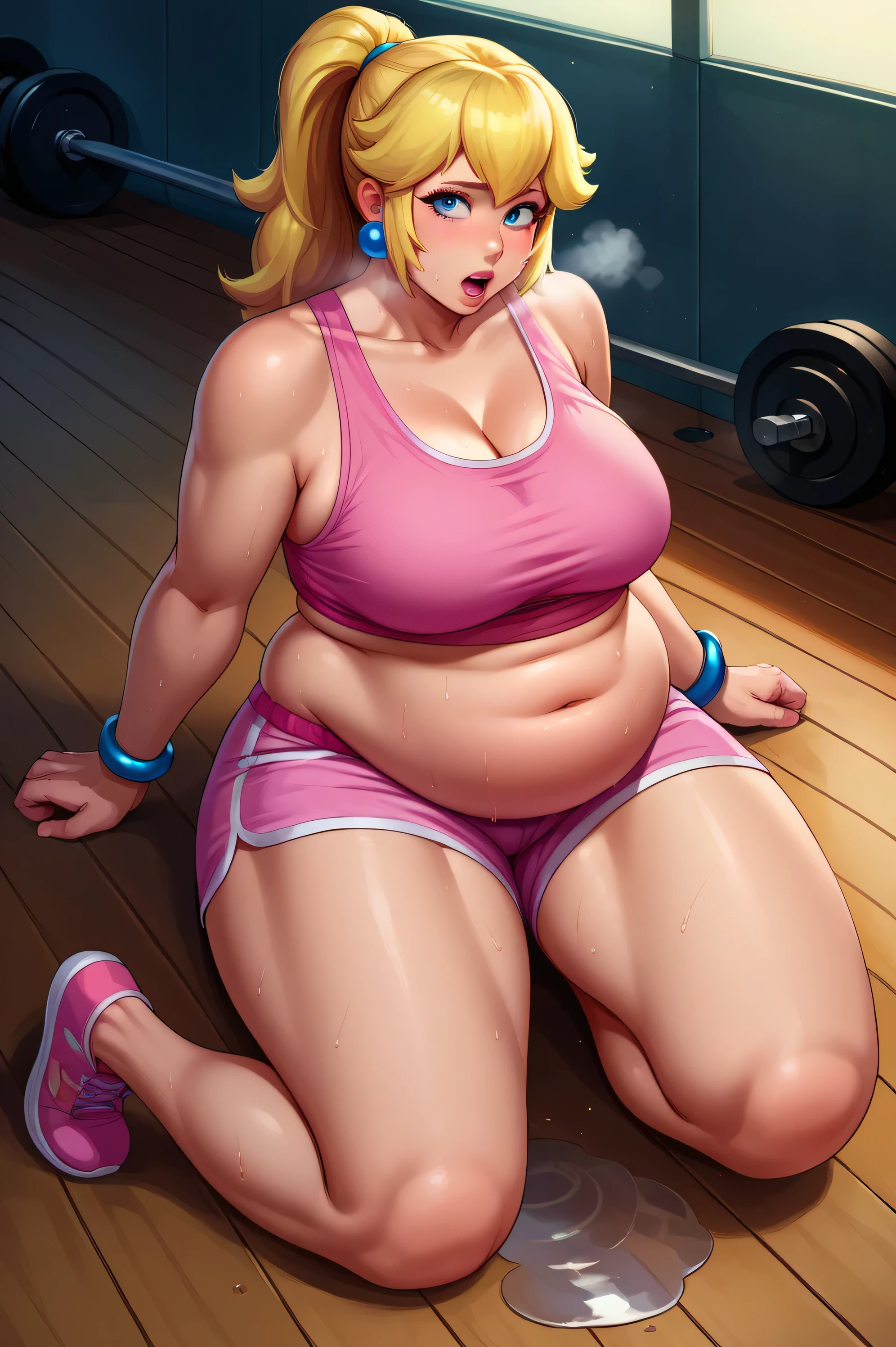 score_9, score_8_up, score_7_up, BREAK, 1girl, solo, princess peach, 1girl, solo, , blonde hair, ponytail, jewelry, bracelet, makeup, casual, cowboy shot, blue eyes, looking at the viewer, large breasts, pink tanktop, sweaty, pink shorts, sweating profusely, open mouth, exhausted, heavy breathing, puddle of sweat on the ground, steam coming out her mouth, gym, indoors, she wears pink shoes, thick, obese, soft belly, chubby, wide hips, sexy hips, full body, big belly, thicc thighs, chubby arms, on the floor, on your back, arms spread out, out of breath, open mouth
