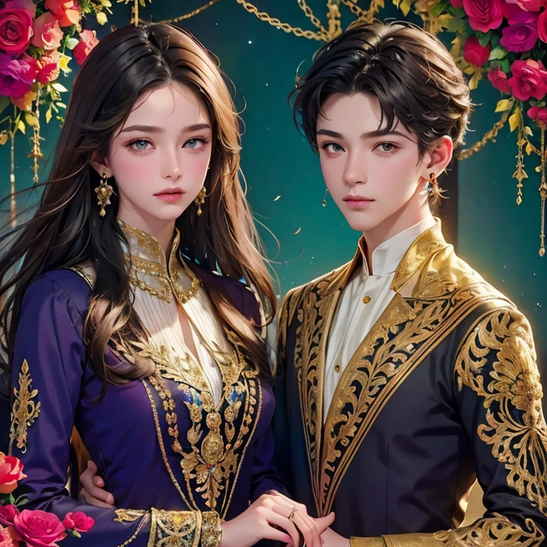  masterpiece fails,  high quality,  top quality ,  official art ,  beautiful and aesthetic , 2amazingly beautiful shining boy and girl,  in great detail ,  fractal art ,  Colorful , flowers,The most detailed,confuse,  full length,  abstract background,  shiny skin , many colors, earrings,