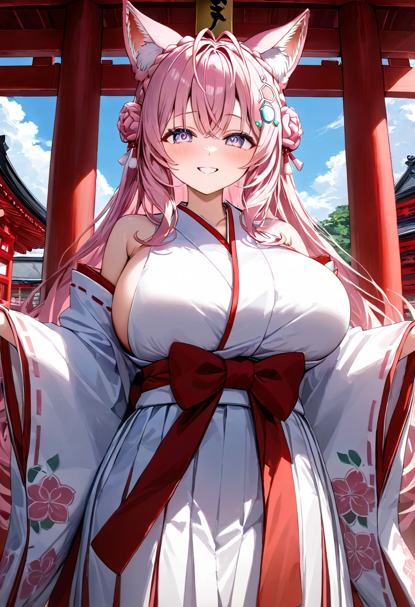 ( top quality , 8k , masterpiece ),  girl  , young , 1 person ,  highly detailed eyes and faces , hakui koyori ,  hololive  ,  pink hair  , smile ,  like heaven ,  red cheeks  , ( shrine maiden, White Yukata,red hakama ) , ( huge breasts:1.2)