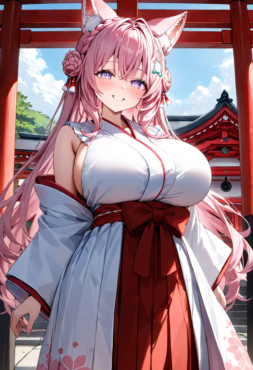 ( top quality , 8k , masterpiece ),  girl  , young , 1 person ,  highly detailed eyes and faces , hakui koyori ,  hololive  ,  pink hair  , smile ,  like heaven ,  red cheeks  , ( shrine maiden, White Yukata,red hakama ) , ( huge breasts:1.2)