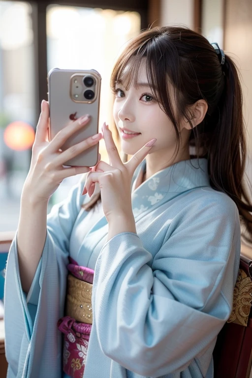 best quality, masterpiece, beautiful face with tiny lips, (photo photo-realistic:1.3), edge lighting, (high detail skin:1.2), 8k ultra hd, DSLR, high quality, high resolution, 72k, bokeh, realistic edit, realistic finger, gorgeous kimono, ((1girl), (long ponytail hair, blonde hair, front bangs), (cute face,beautiful face, simetric face, japan artist face,(earing)), (small body, short), ((park), (cute pose, selfie, wide angle))