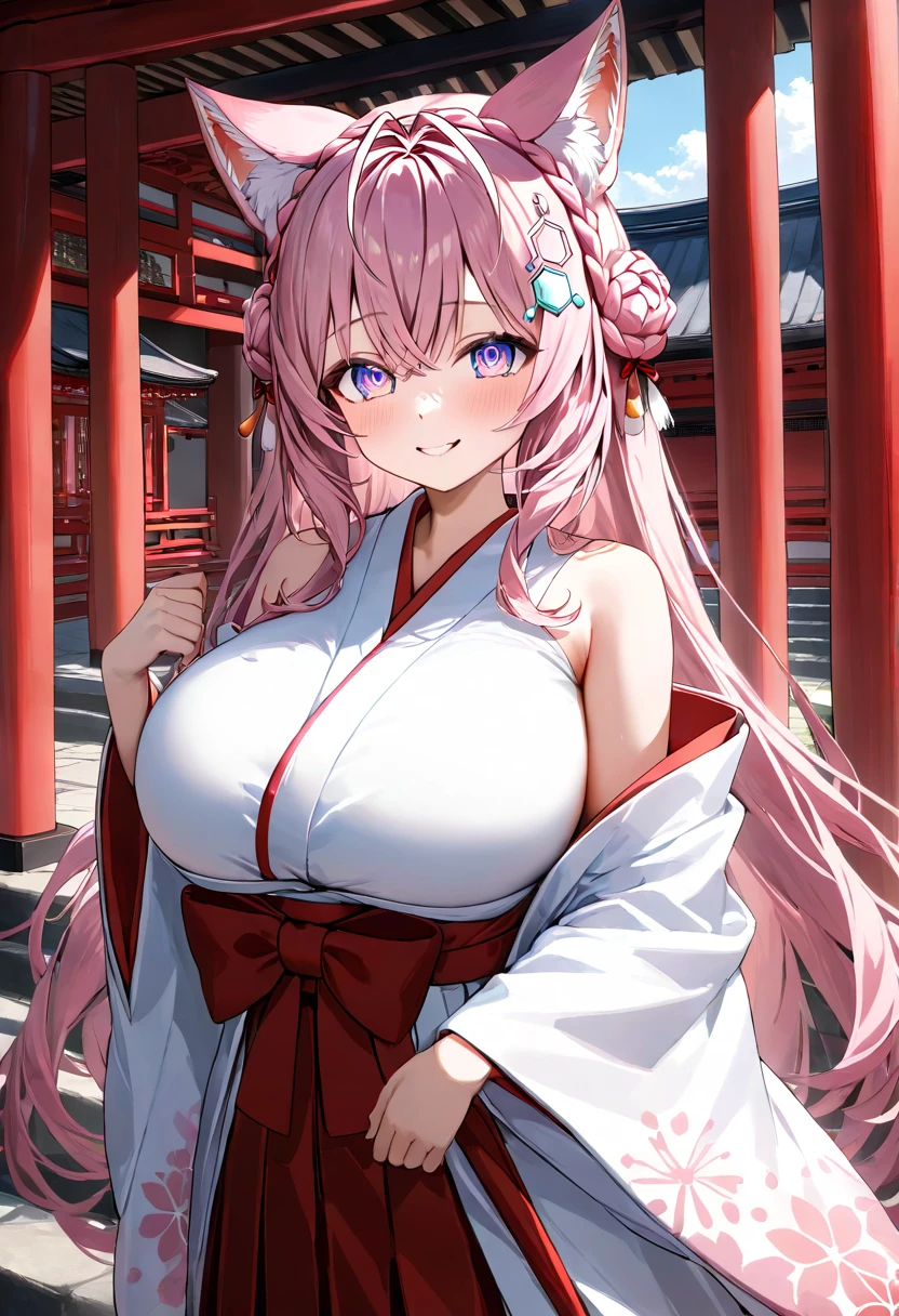 ( top quality , 8k , masterpiece ),  girl  , young , 1 person ,  highly detailed eyes and faces , hakui koyori ,  hololive  ,  pink hair  , smile ,  like heaven ,  red cheeks  , ( shrine maiden, White Yukata,red hakama ) , ( huge breasts:1.2)