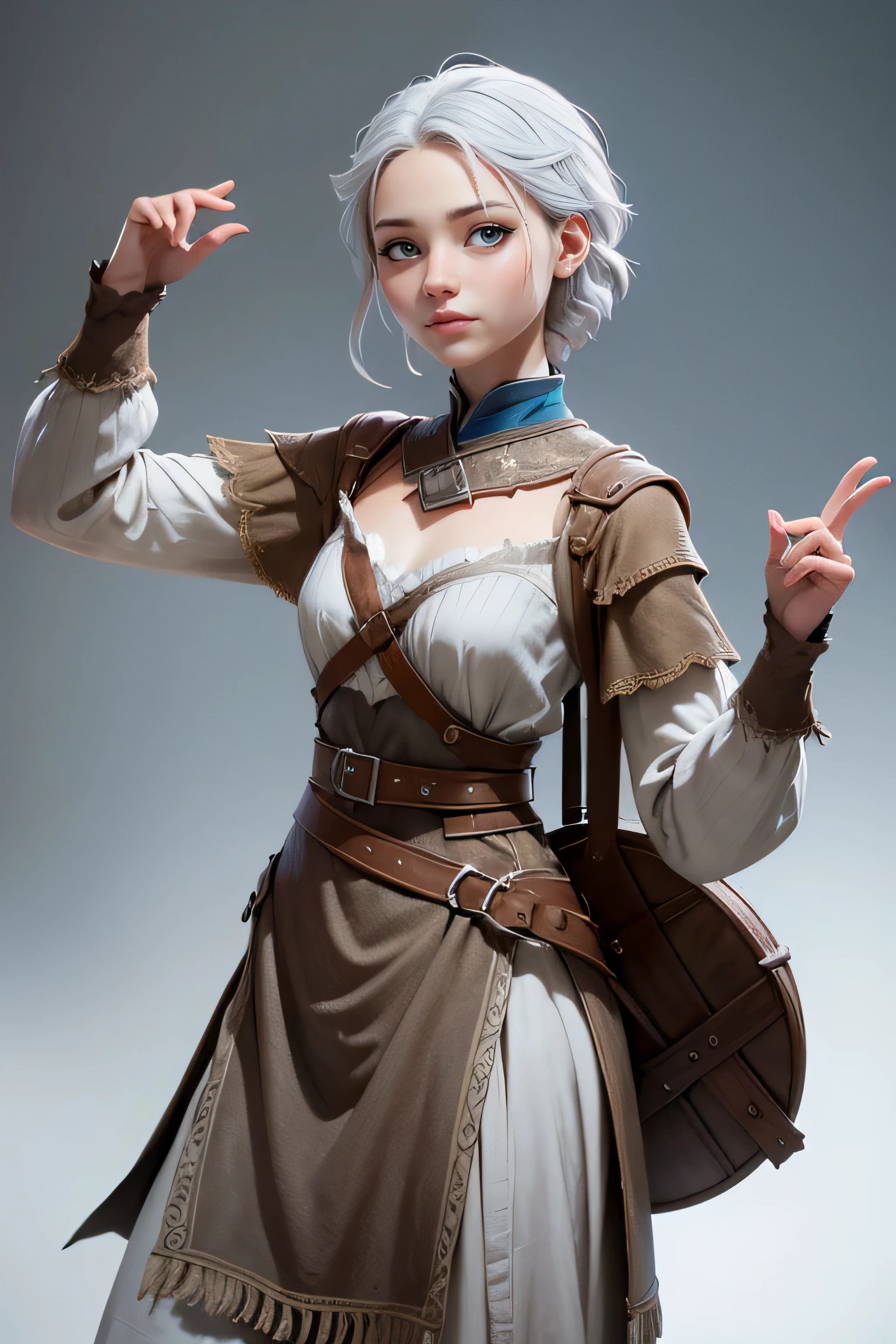 Young woman, campesina medieval "The Chronicles of Narnia", gray and brown shreds, blue eyes , short white hair, dynamic position, raised hands sign, safe expression, Iluminación natural, plain white background , without patterns, No textures.