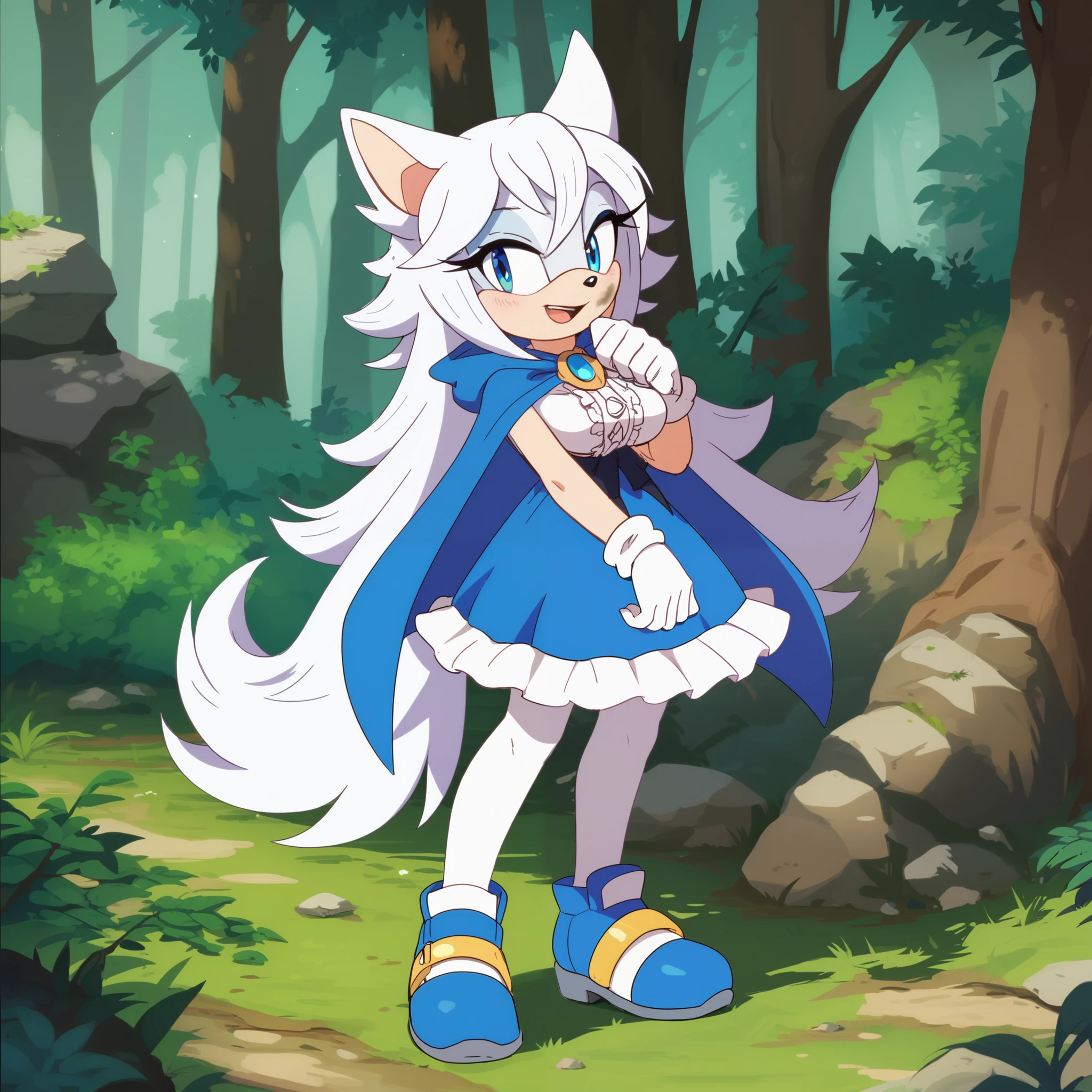 nfsw, female, Wolf, Mobian Wolf, Mobian, wolf tail, white fur, white hair, very long hair, blue eyes, wolf ears, Female, long hair, medium sized breasts, Sonic OC, <:(, (solo), (1girl), Sonic the Hedgehog style, forest, dirty hooded cape, dress, Fenrys as a Sonic Character