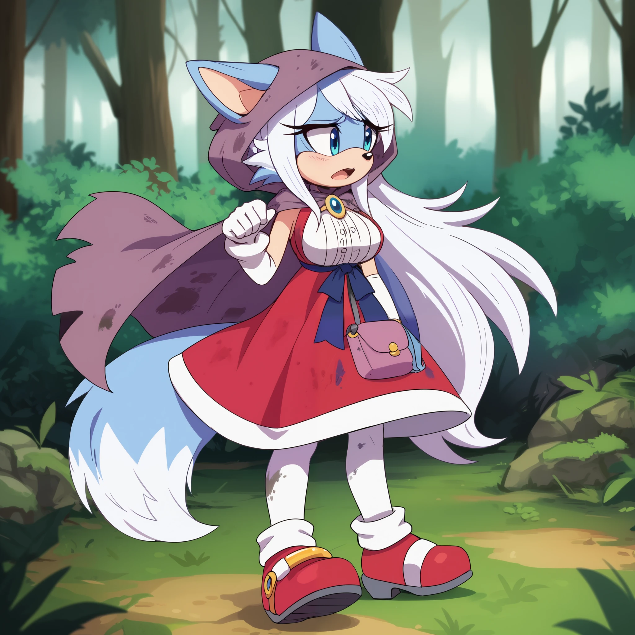 nfsw, female, Wolf, Mobian Wolf, Mobian, wolf tail, white fur, white hair, very long hair, blue eyes, wolf ears, Female, long hair, medium sized breasts, Sonic OC, small open mouth, little bit sad, (solo), (1girl), Sonic the Hedgehog style, forest, dirty hooded cape, dress, Fenrys as a Sonic Character