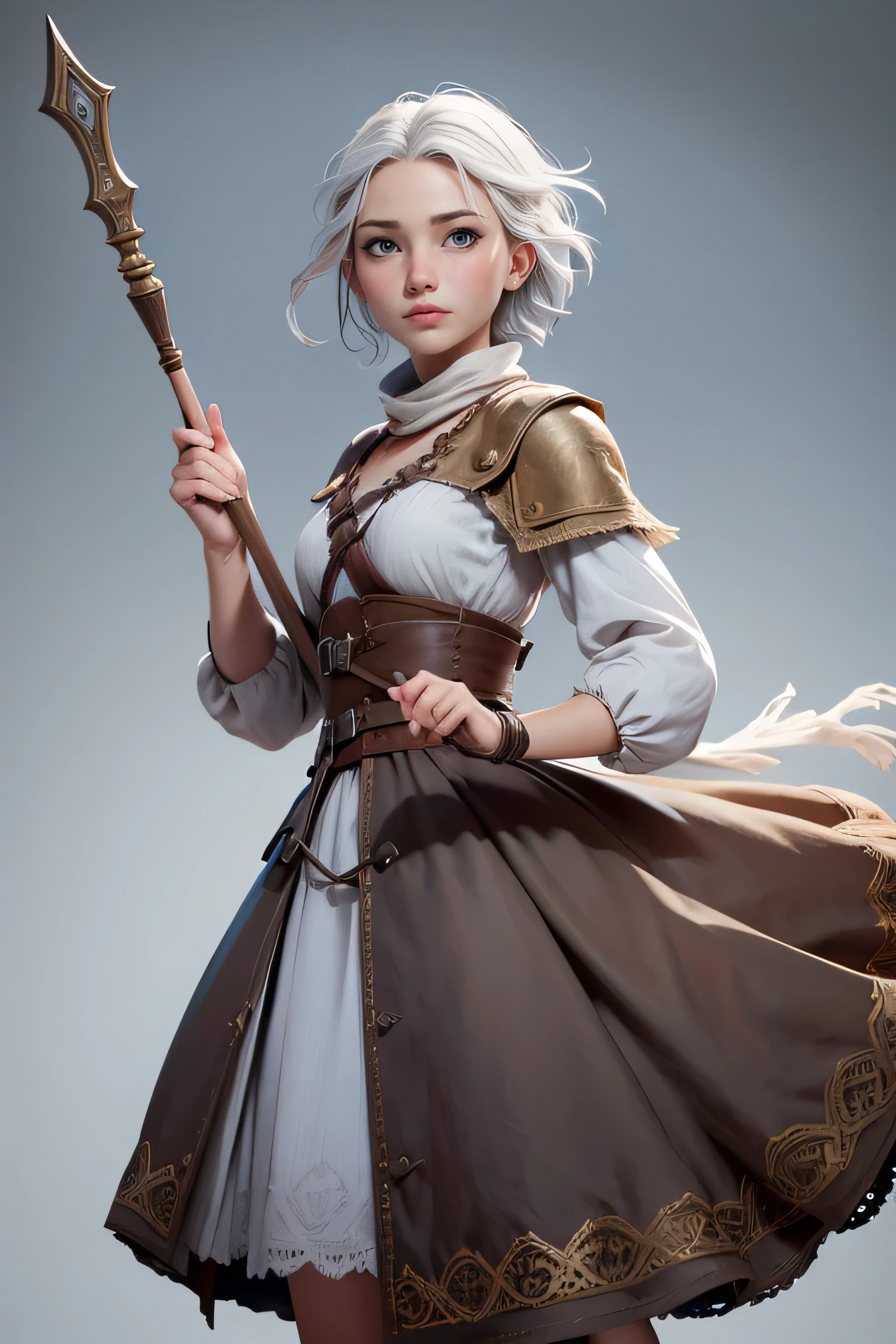 Young woman, campesina medieval "The Chronicles of Narnia", gray and brown shreds, blue eyes , short white hair, dynamic position, raised hands sign, safe expression, Iluminación natural, plain white background , without patterns, No textures.