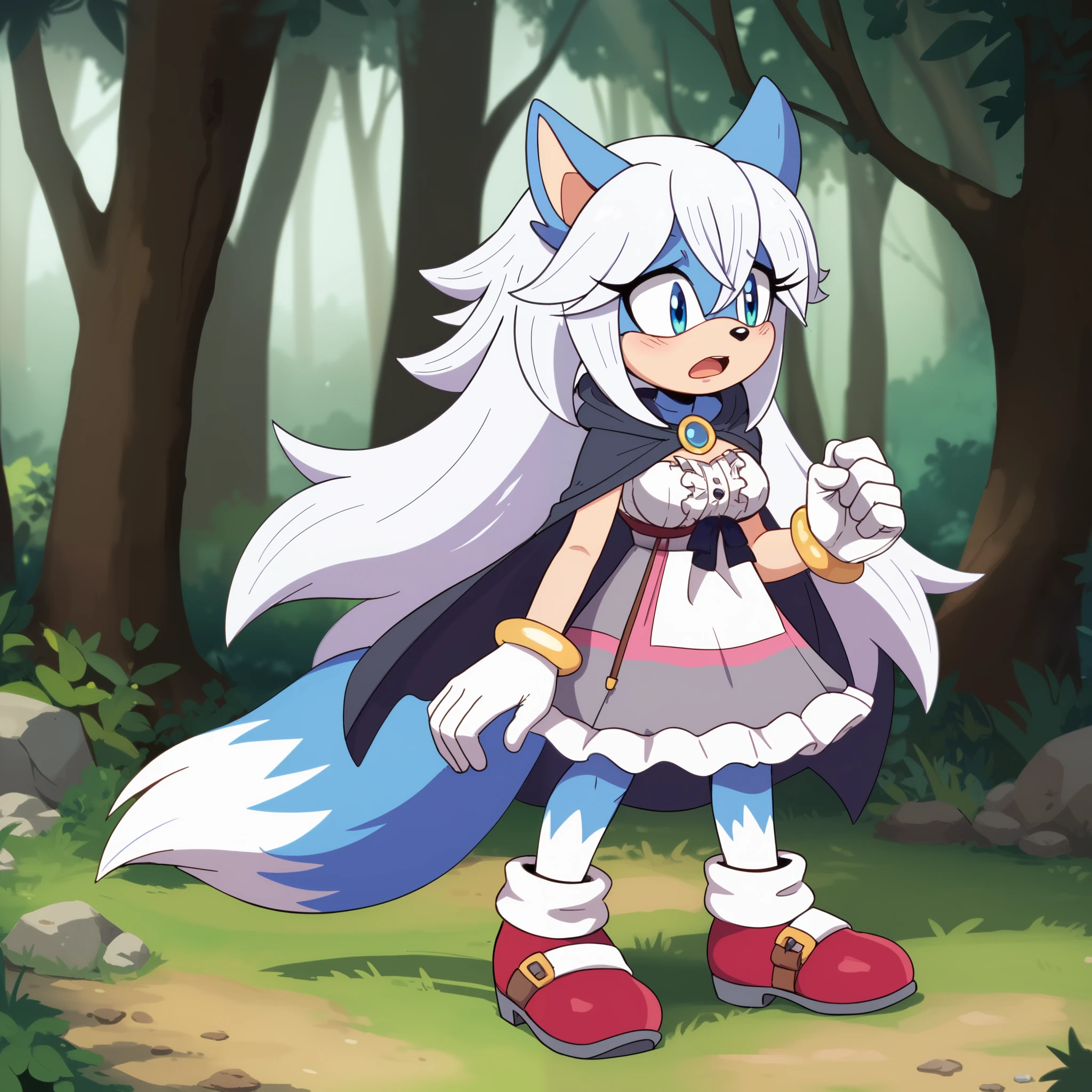 nfsw, female, Wolf, Mobian Wolf, Mobian, wolf tail, white fur, white hair, very long hair, blue eyes, wolf ears, Female, long hair, medium sized breasts, Sonic OC, (small open mouth), little bit sad, (solo), (1girl), Sonic the Hedgehog style, forest, dirty hooded cape, dress, Fenrys as a Sonic Character
