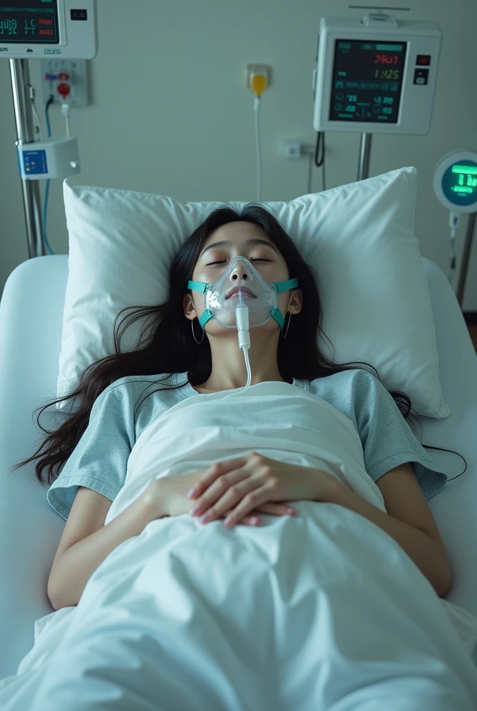 Lying on the hospital bed covered with quilt,Only the head exposed,God perspective,Eyes covered with gauze
