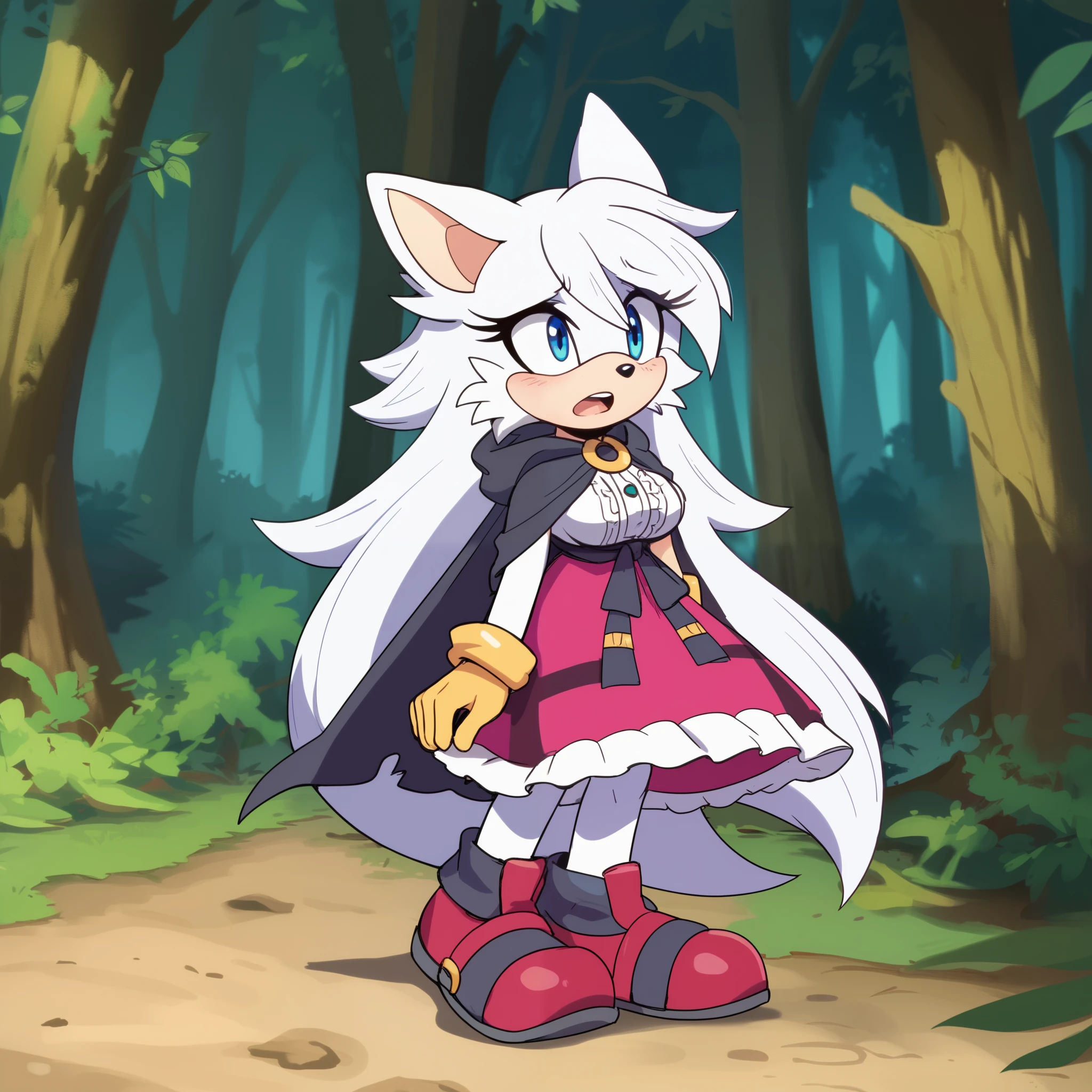 nfsw, female, Wolf, Mobian Wolf, Mobian, wolf tail, white fur, white hair, very long hair, blue eyes, wolf ears, Female, long hair, medium sized breasts, Sonic OC, (small open mouth), little bit sad, (solo), (1girl), Sonic the Hedgehog style, forest, dirty hooded cape, dress, Fenrys as a Sonic Character
