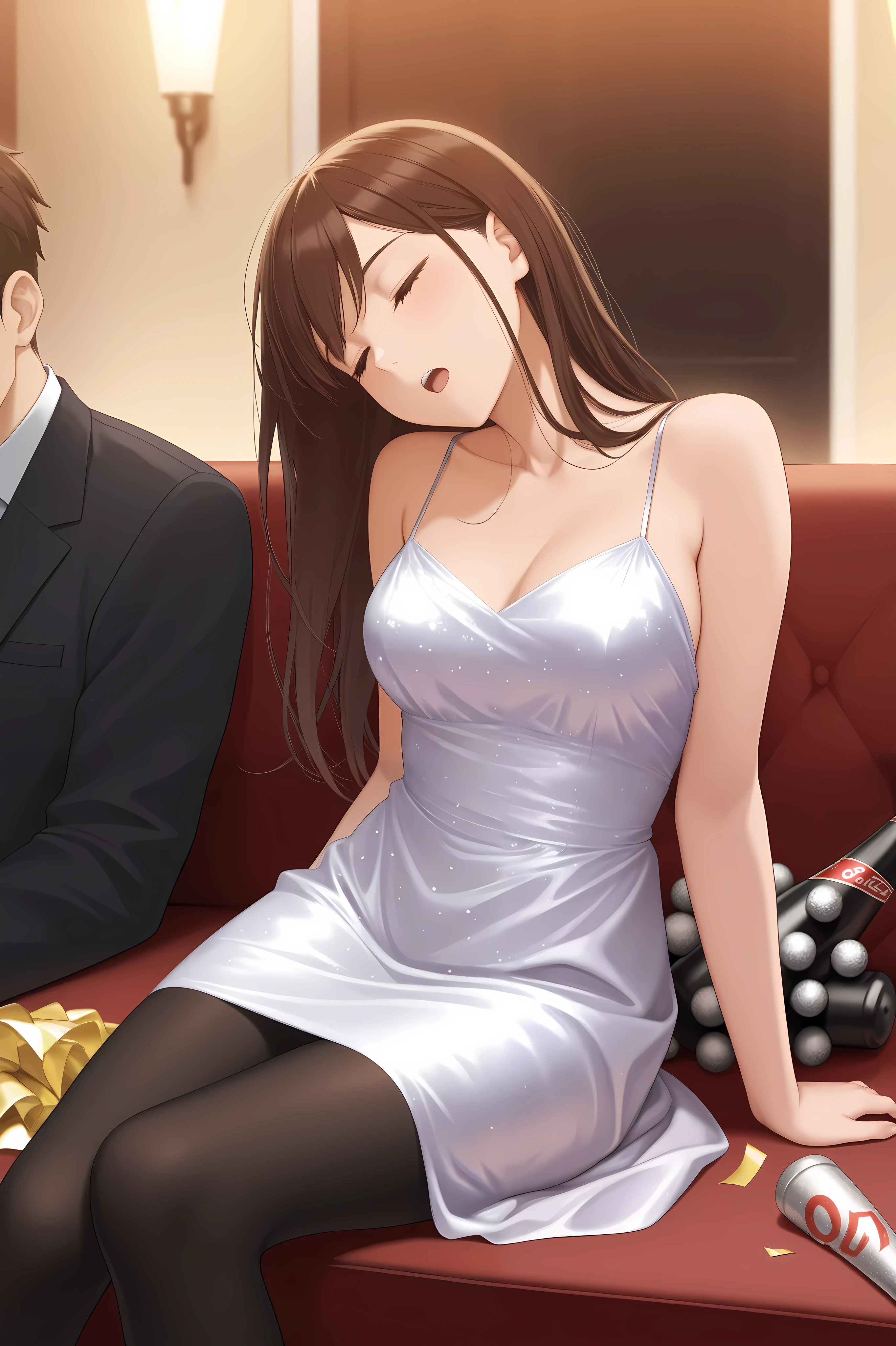 masterpiece, best quality, 1girl, {sleeping:2.0}, black tights, open mouth, party dress, {eyes closed:4.0}, club, official art, brown hair, long hair, sitting, head tilt, detailed eyes