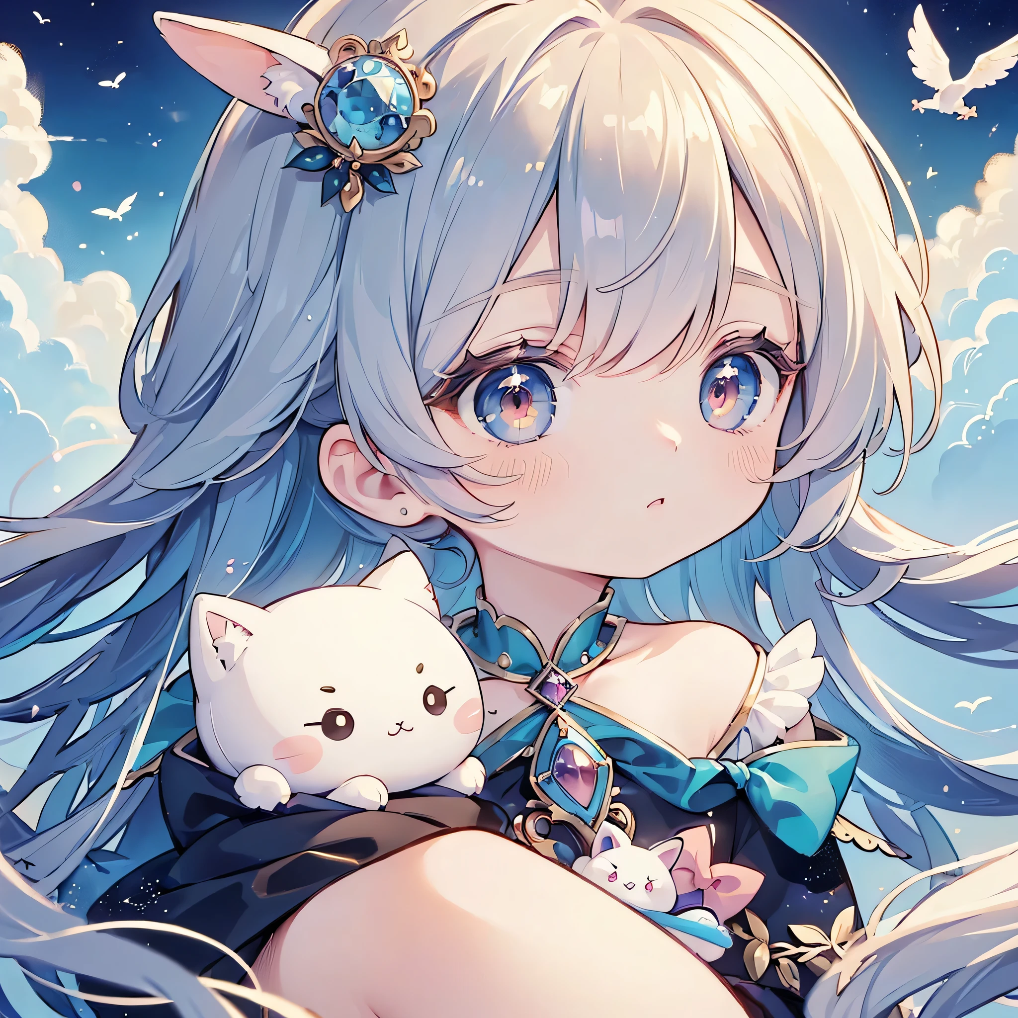 ((( best detail、 top quality、's greatest masterpiece)))、evildoer、Fluffy、Fluffy、A cute stuffed animal called Hoshi no Tsukaima is on top of her head、AngelicAI