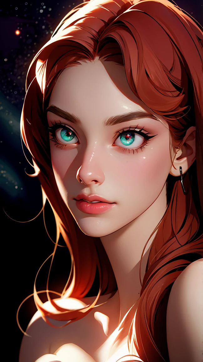 a beautiful woman in a fantasy holographic spectrum setting, professional intimate kiss with speech bubble and big heart, starry night background, (best quality,4k,8k,highres,masterpiece:1.2),ultra-detailed,(realistic,photorealistic,photo-realistic:1.37),detailed eyes,detailed lips,extremely detailed face,long eyelashes,glowing skin,elegant dress,graceful pose,dramatic lighting,vibrant colors,cinematic composition