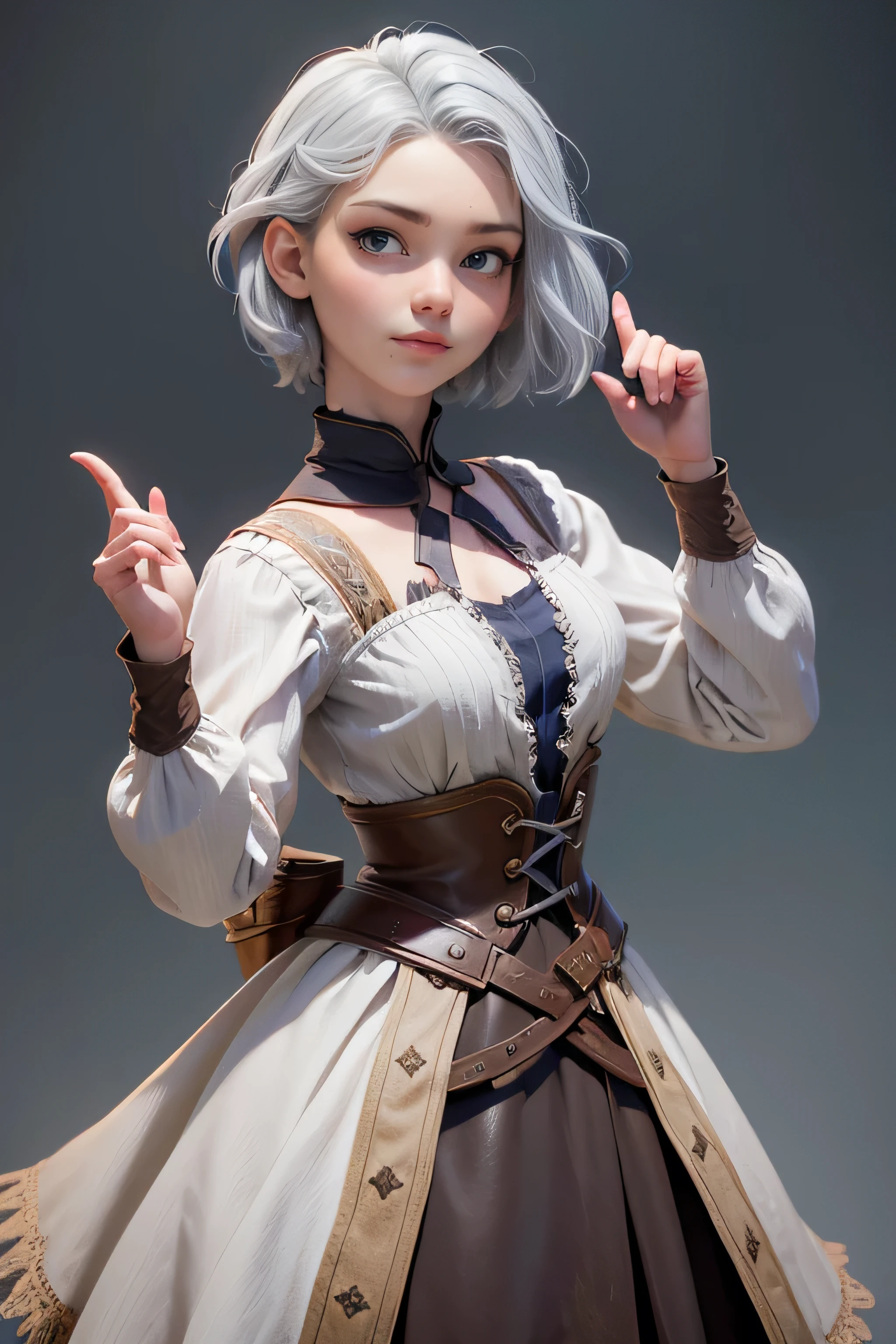Young woman, campesina medieval "The Chronicles of Narnia", gray and brown shreds, blue eyes , short white hair, dynamic position, raised hands sign, safe expression, Iluminación natural, plain white background , without patterns, No textures.