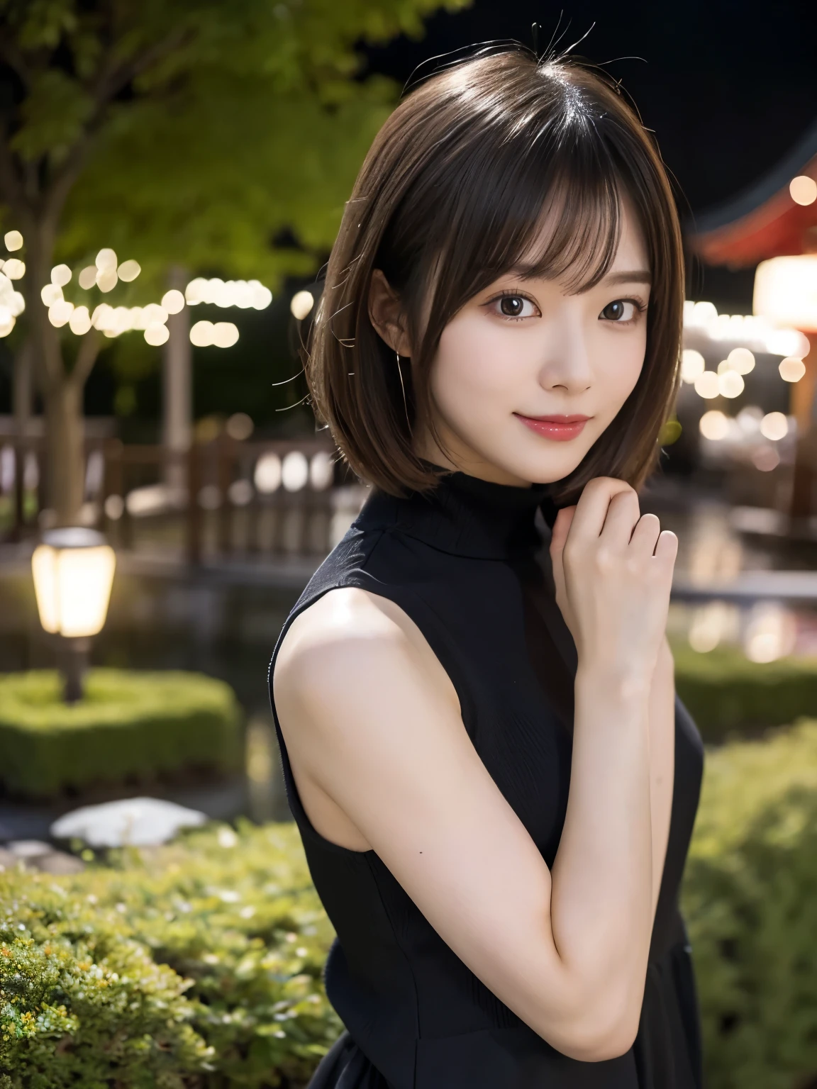 ((highest quality:1.2, 8k, Photorealistic:1.2, masterpiece:1.2, Super quality :1.2, Beautiful woman, Backlight, Highly detailed facial textures, Detailed beauty makeup, Realistic Skin, Double eyelids with attention to detail, Iris, fine bangs)), ({{{Ribbed sweater}}},Bare arms, Bare back,:1.2), (Park Background), (smile), (Shiny black details shining on bright hime cut hair), ((Cowboy Shot)), ((Low angle shot))
