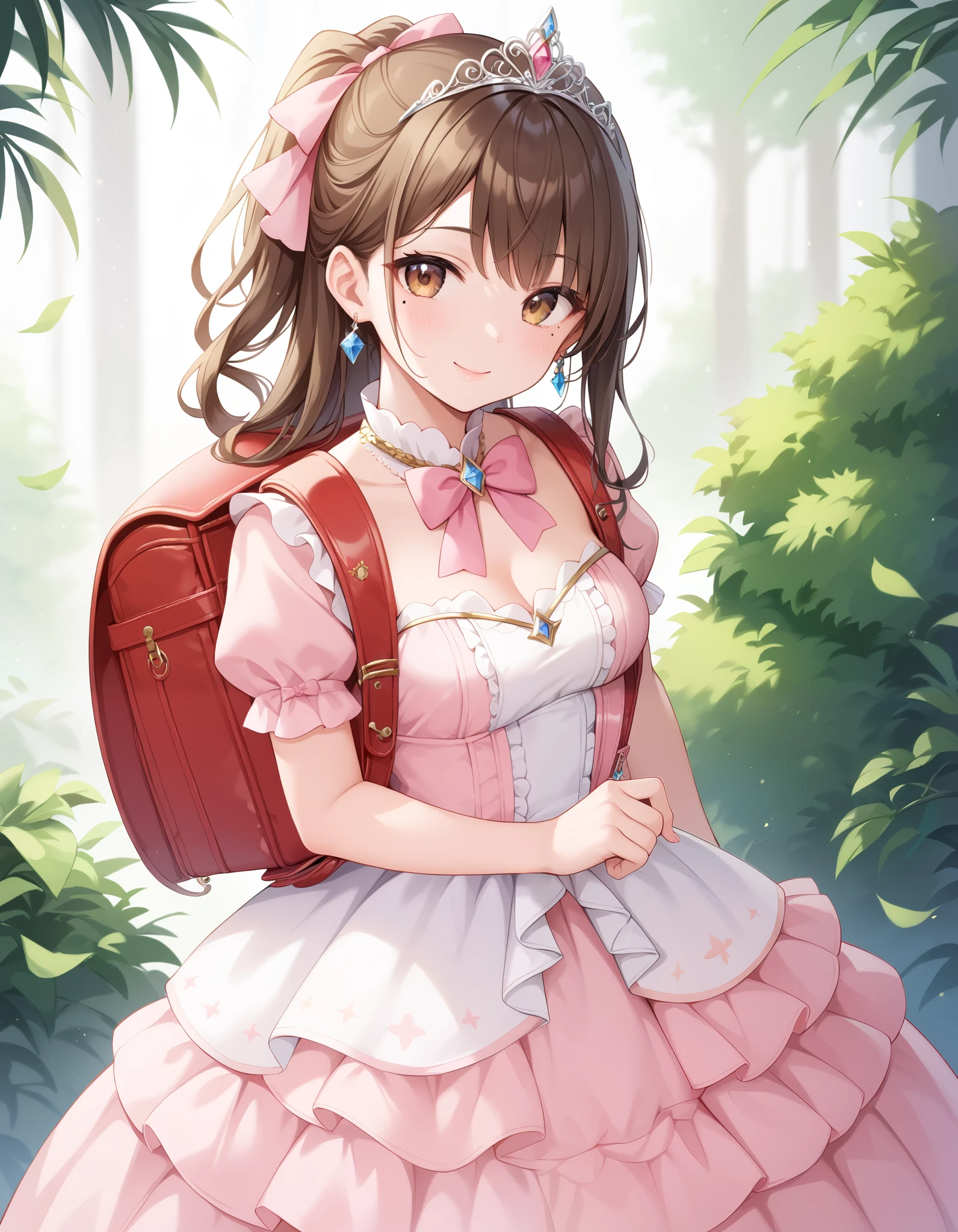 masterpiece, best quality, highres,2d, anime, 1girl, long hair, one side up, solo, ponytail, brown hair, long hair, hair ribbon, brown eyes, mole under eye, cowboy shot,princess dress, princess Costume, colorful princess dress, wearing Tiara, luxury dress,bowtie, smile, frilled dress, tiara, necklace, earrings, luxury jewelry, wearing randoseru backpack, red backpack, standing, outdoor
