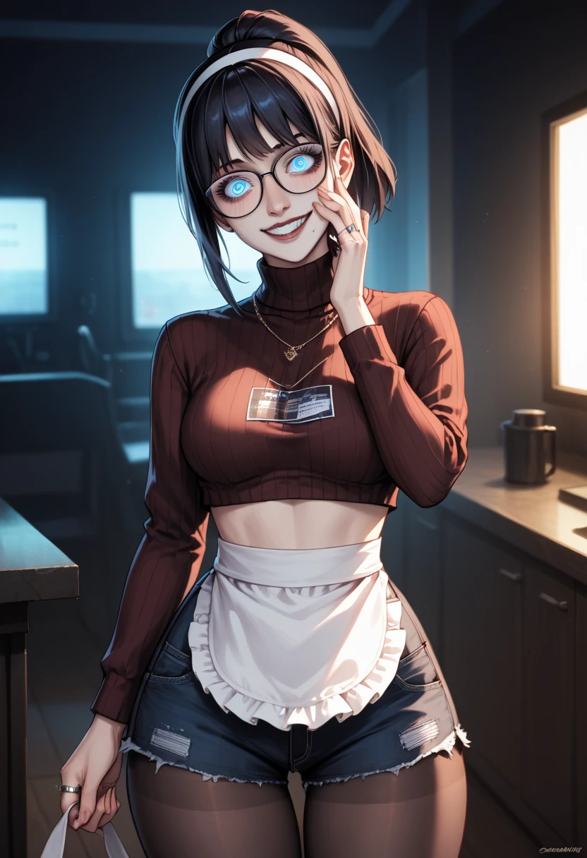 yandere, hand holding face,solo focused, 1 girl only, insanity, glowing eyes, crazy, hands cupping face, creepy smile, very dark background, blood stain, (masterpiece), dynamic lighting, very detailed, professional art, 1girl, Black short hair, ponytail, glasses, gentle smile, nighttime, starts, dark out, indoor, living room, wool sweater, crop top, undershirt, short pink telephone shorts, pantyhose, thick thighs, perky breasts, hairband, laced chocker, ring, necklace, blushing, sparking eyes, apron, nighttime, dark basement, dirty basement, wide space, wide innocent smile, glowing blue eyes, holding out hands, dusty environment, creepy smile, head tilt, wide eyes, 