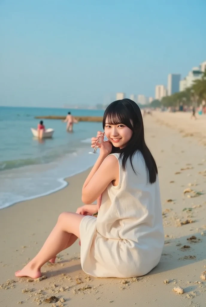 On a bright beach、largely、sit、 Woman drinking cola