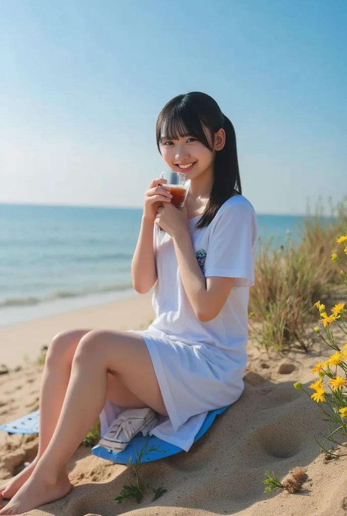 On a bright beach、largely、sit、 Woman drinking cola