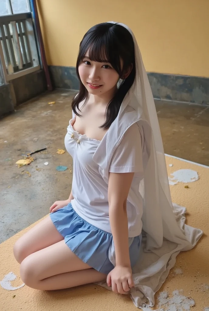  very beautiful 19 year old girl ,   Dressed as a sexy schoolgirl  . huge breasts, collection.  short skirt .   lying on a dirty mattress on the floor .  There is a white paint stain on the woman and the floor. 