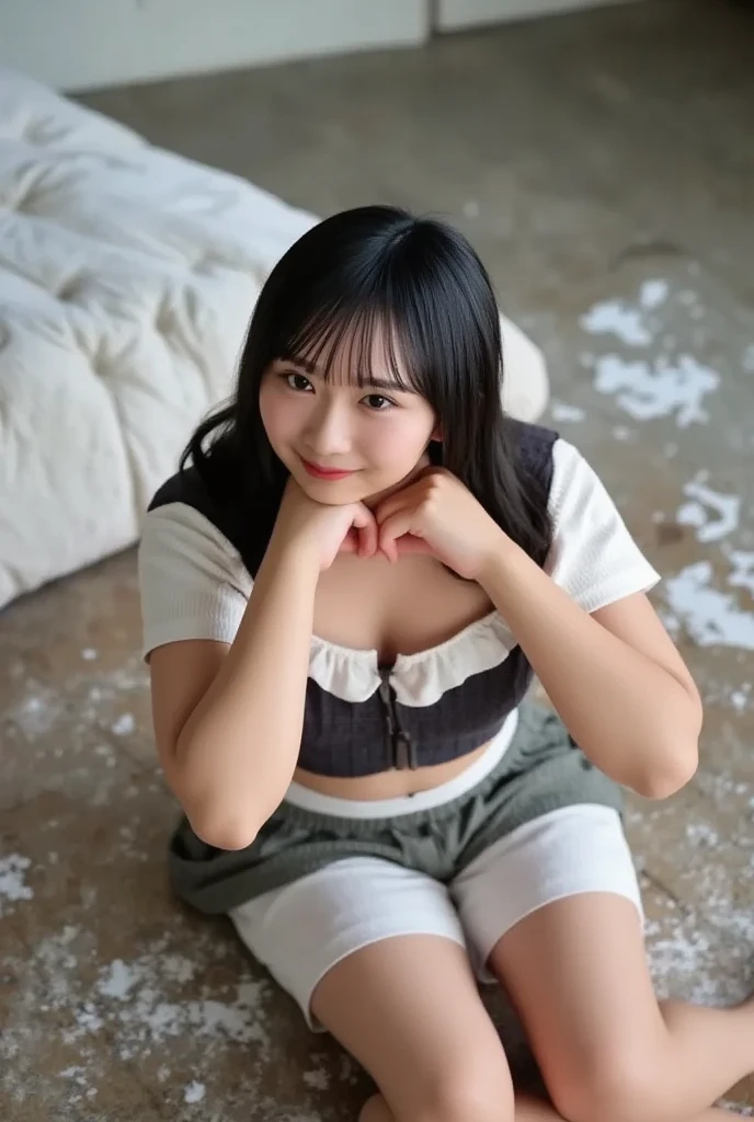  very beautiful 19 year old girl ,   Dressed as a sexy schoolgirl  . huge breasts, collection.  short skirt .   lying on a dirty mattress on the floor .  There is a white paint stain on the woman and the floor. 